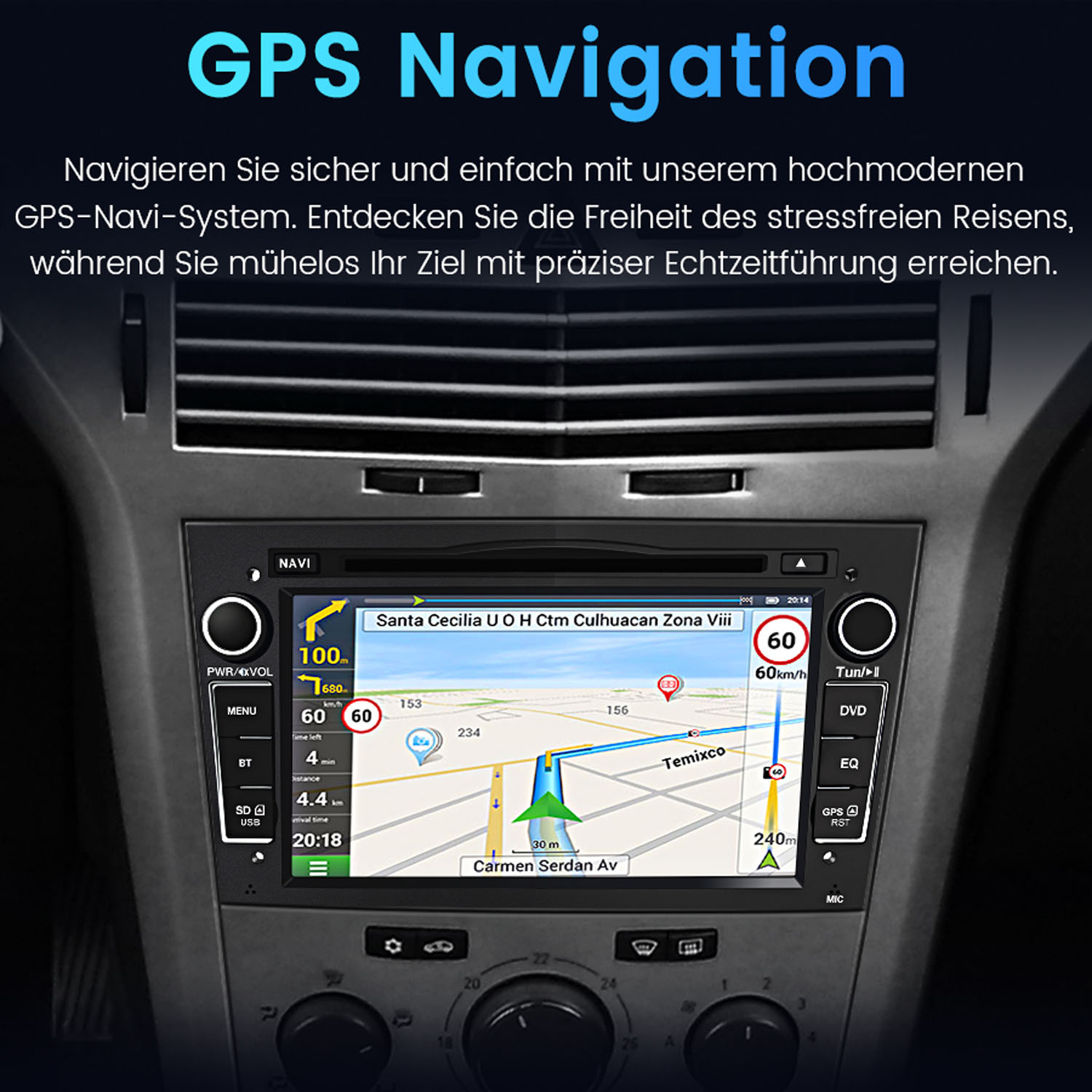 Auto-Navigationssystem-Bildschirm, der eine Karte mit Routenführung und Geschwindigkeitsinformationen anzeigt.