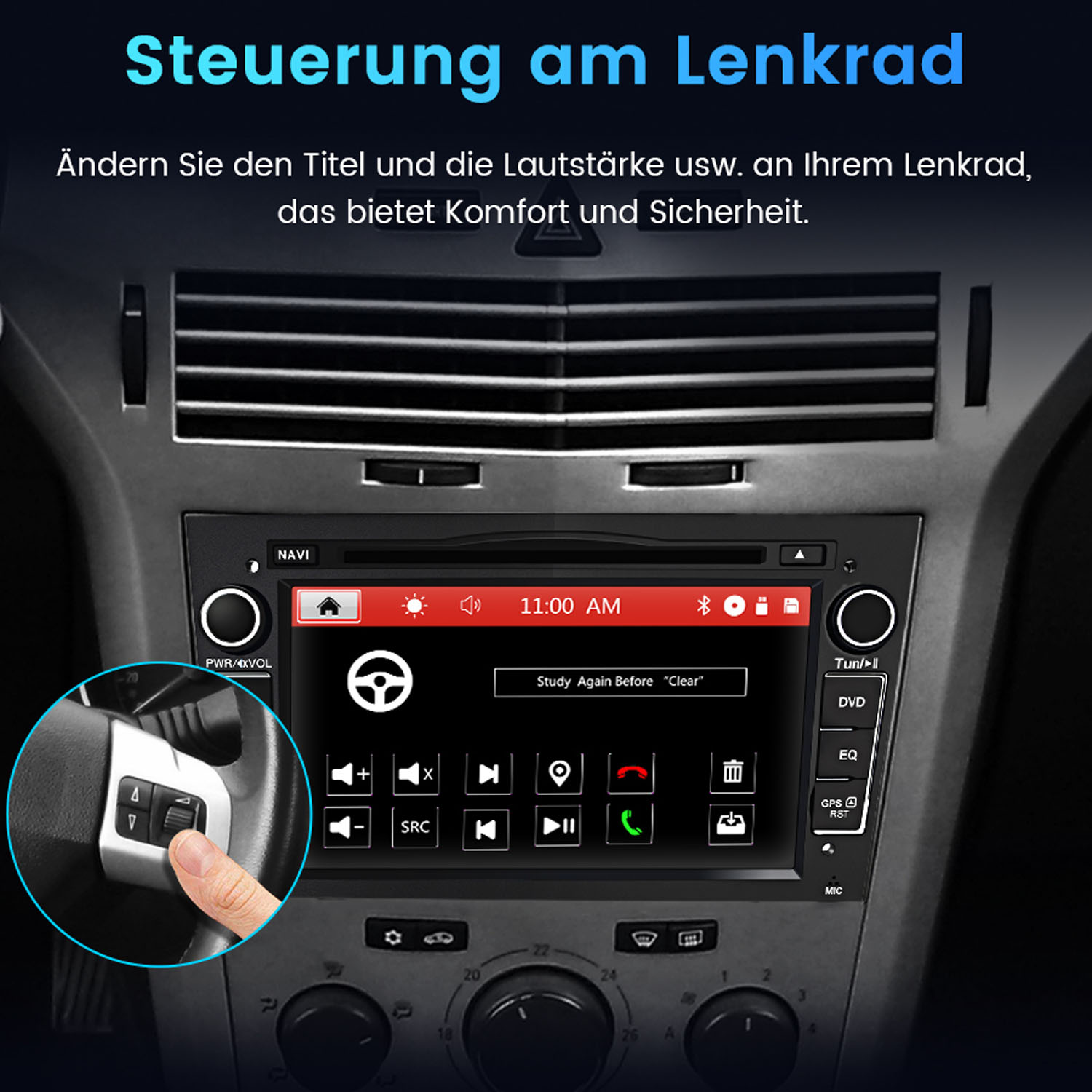 Autoinstrumententafel mit Bildschirm, Lenkrad und Hand, die eine Taste drückt. Text: Steuerung am Lenkrad.