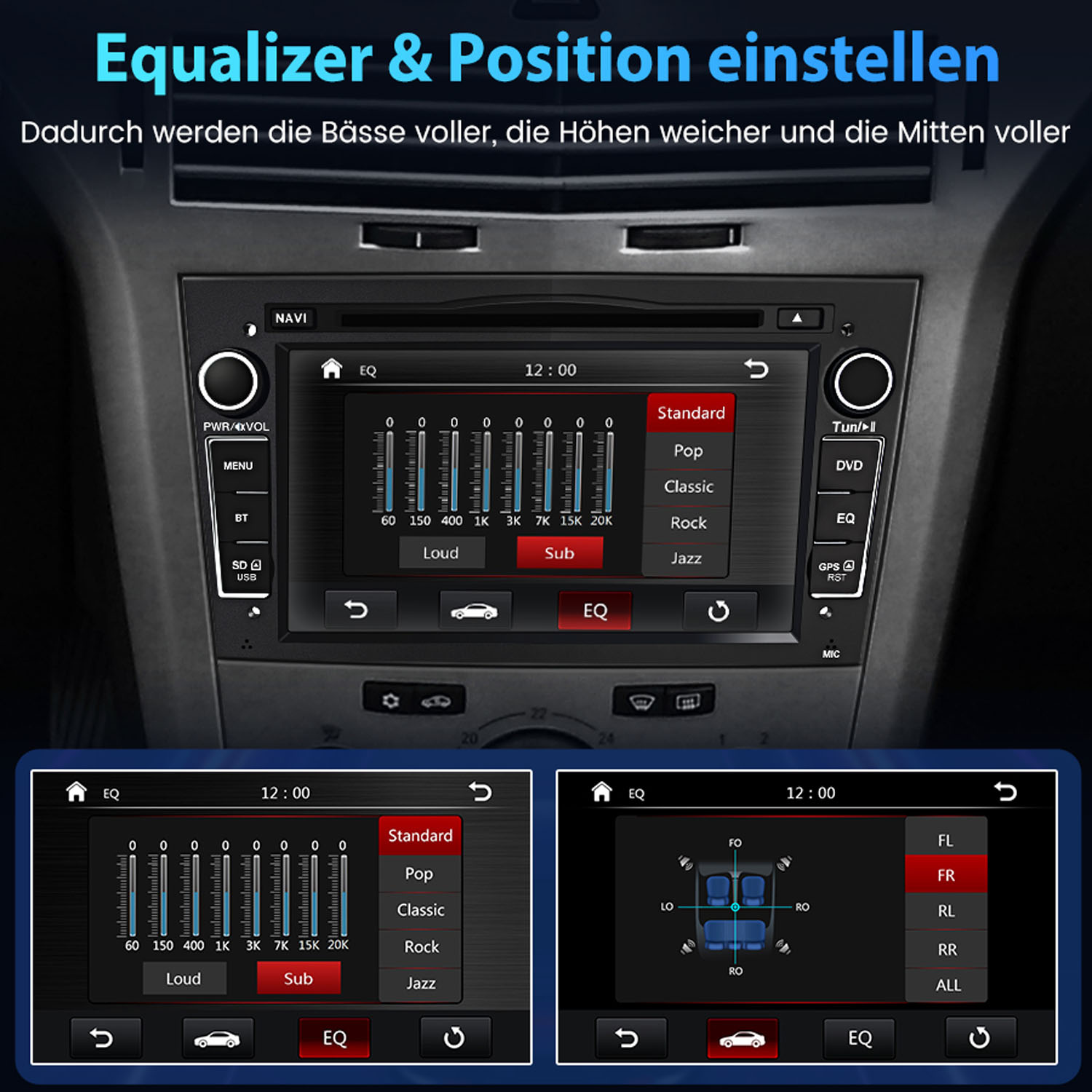 Autoradio-Schnittstelle mit Equalizer-Einstellungen. Zeigt Optionen wie 'Standard', 'Pop', 'Classic', 'Rock' und 'Jazz'.