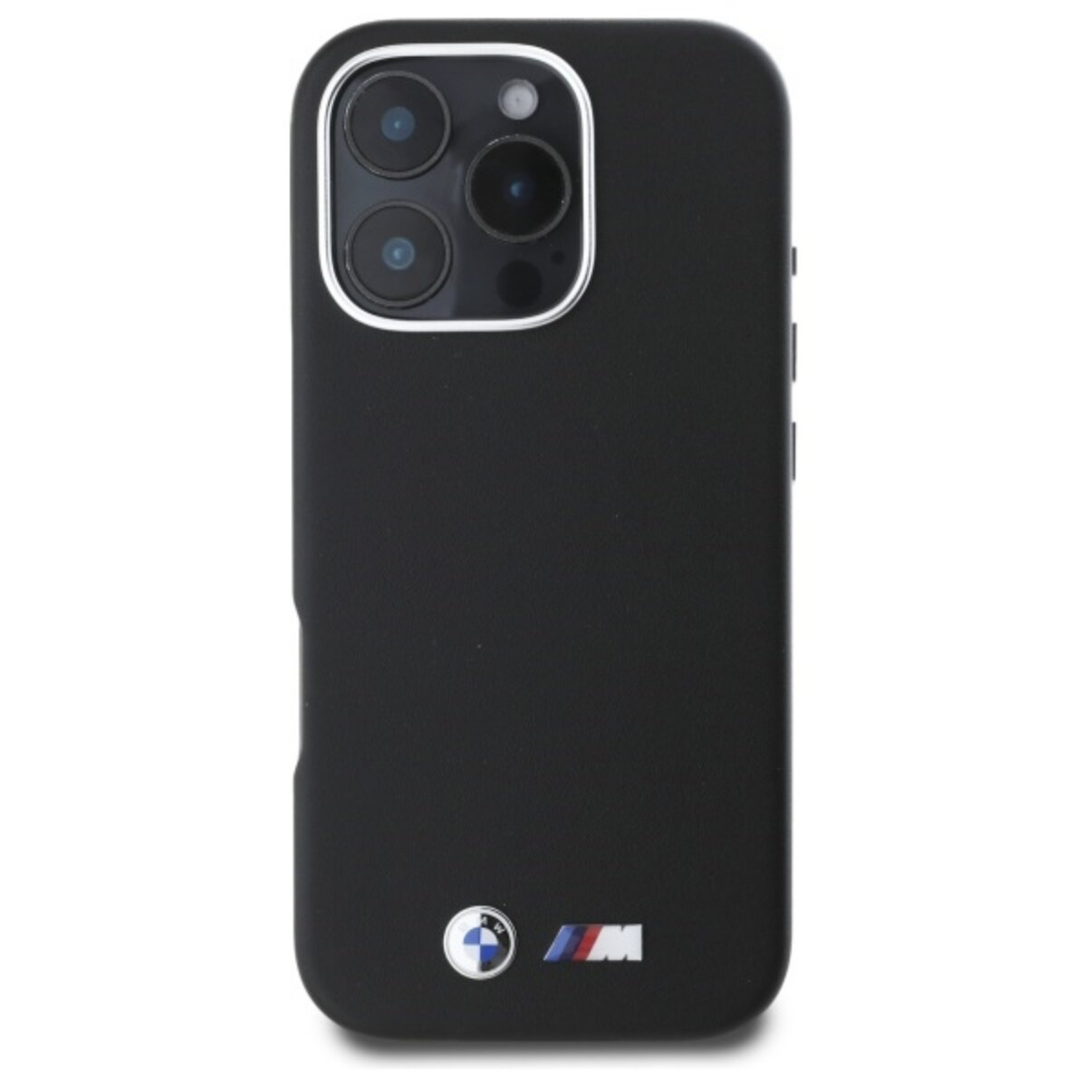 Una custodia nera per telefono con logo BMW e tre obiettivi. La custodia è su sfondo bianco, è un primo piano.