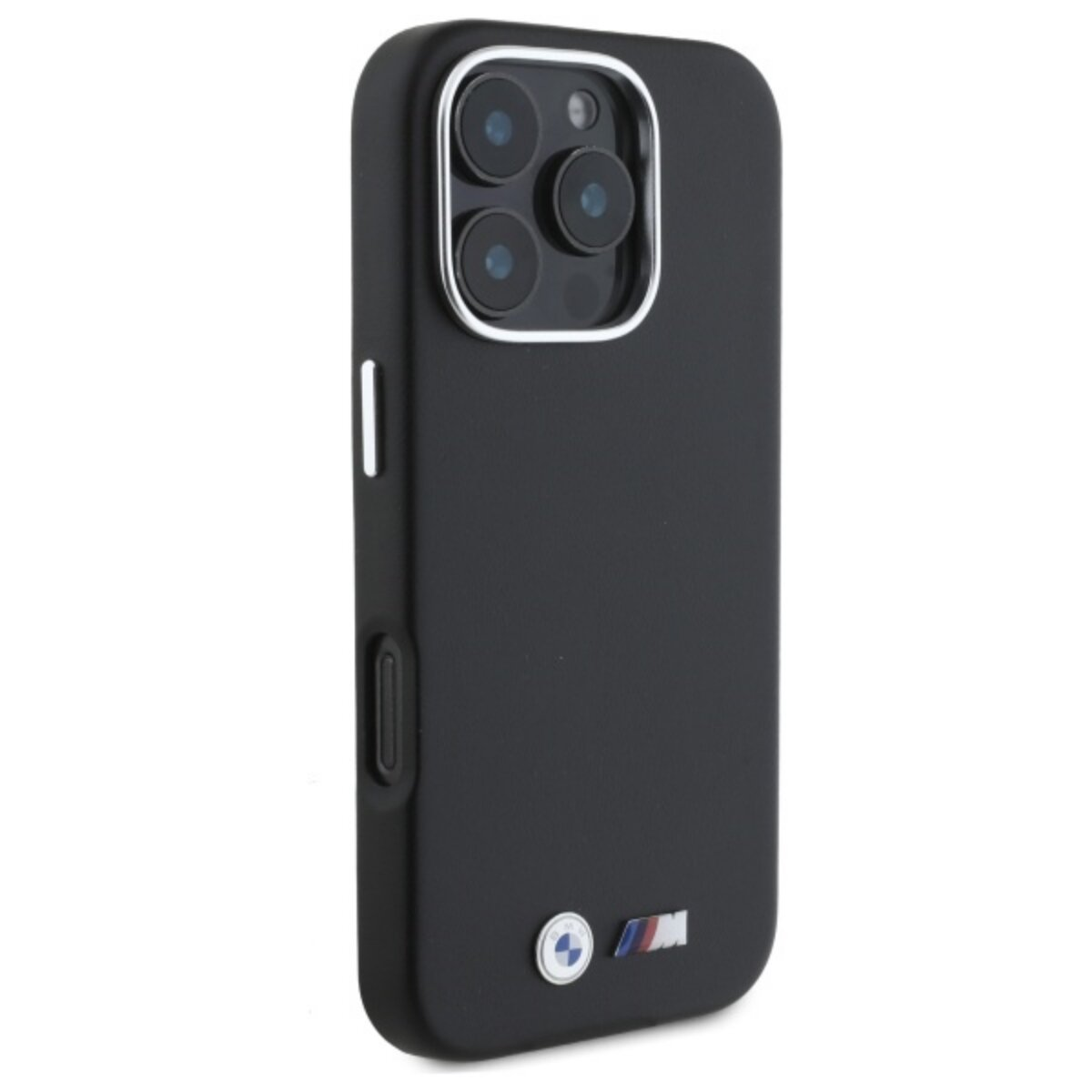 Custodia per telefono nera con anello fotocamera argentato e logo BMW. Sono visibili tre lenti della fotocamera. La custodia è su sfondo bianco.