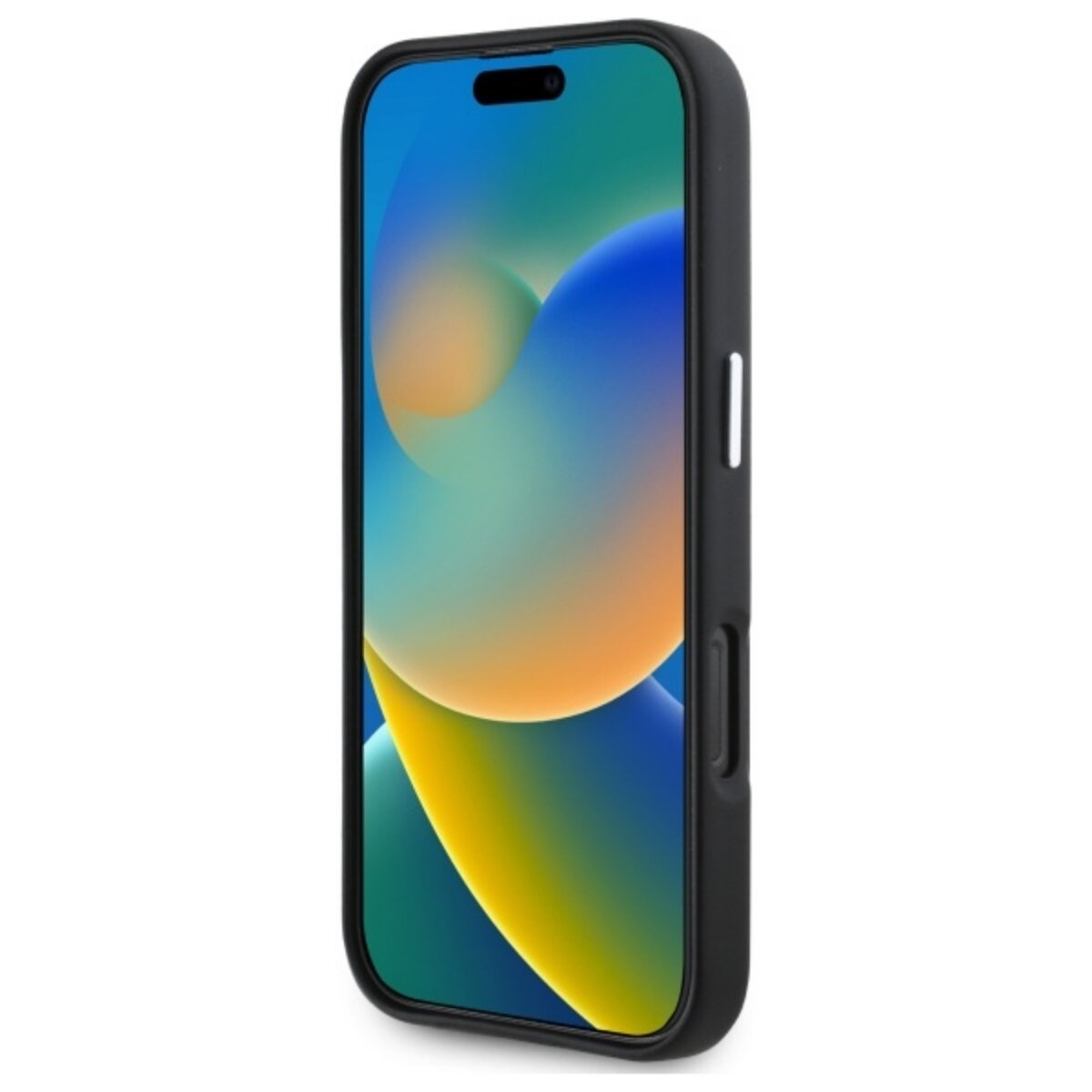 Uno smartphone in una custodia nera. Lo schermo mostra uno sfondo astratto colorato. La custodia ha pulsanti e ritagli per la fotocamera.