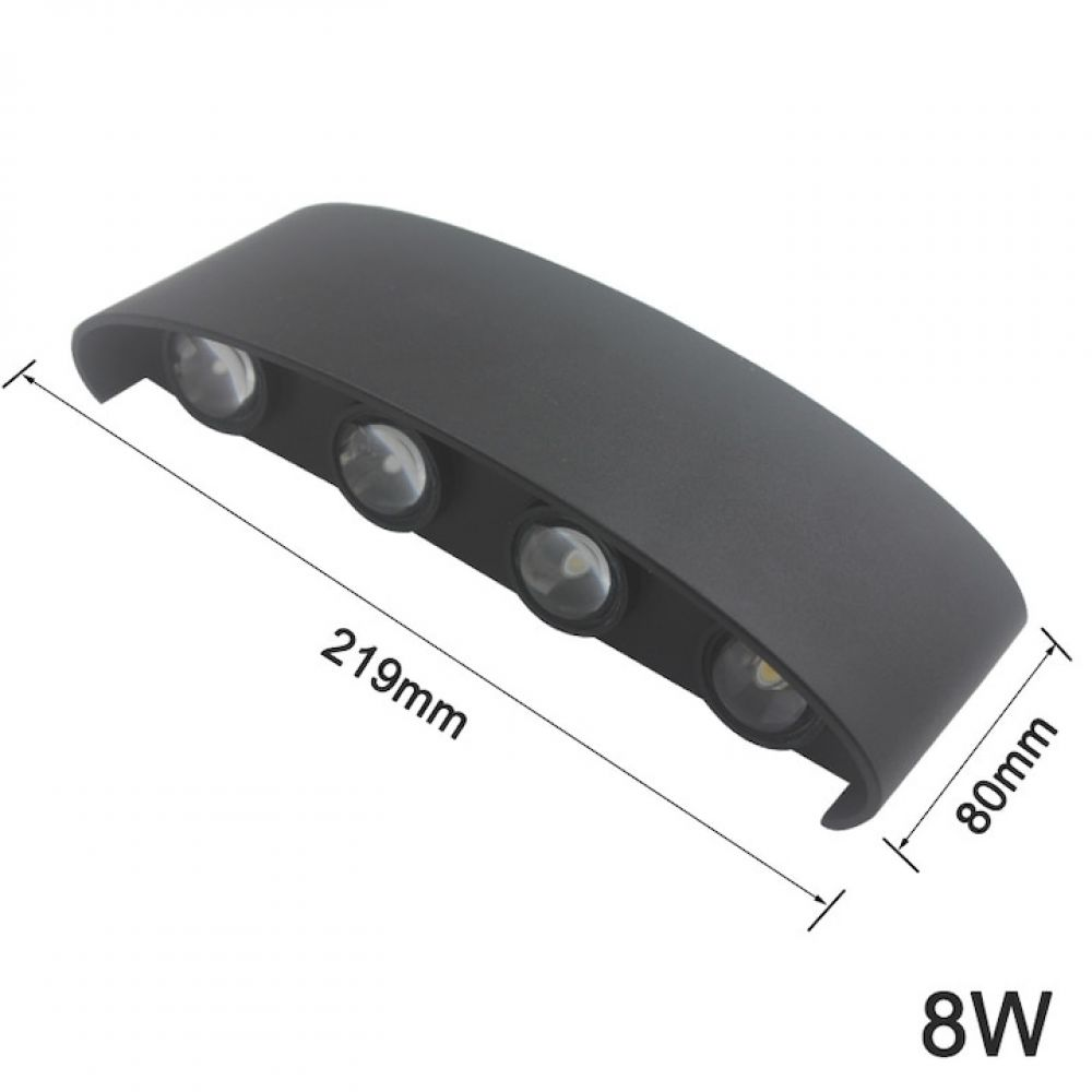 Eine schwarze, gebogene LED-Lampe mit vier Lichtern. Abmessungen: 219 mm x 80 mm. Leistung: 8W.