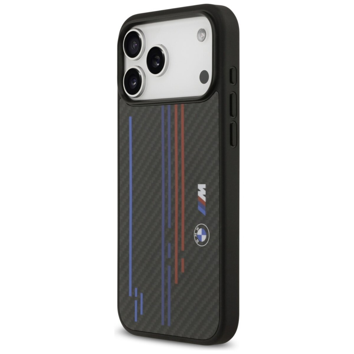 Schwarze iPhone-Hülle mit Karbonfaserdesign, BMW-Logo und blauen, roten und weißen Streifen.