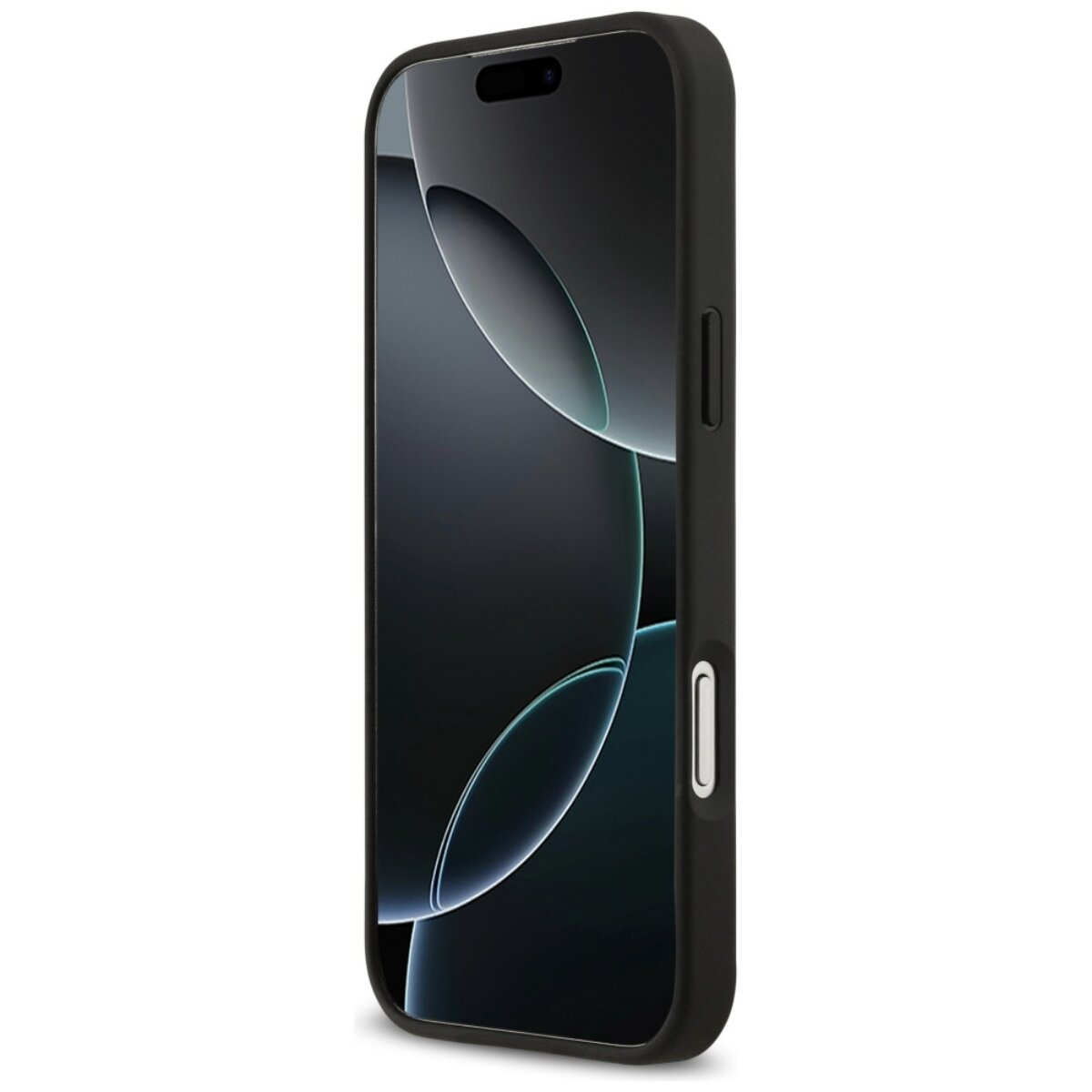 Ein schwarzes Telefon in einer schwarzen Hülle. Der Bildschirm zeigt ein dunkles, abstraktes Design mit geschwungenen Linien.
