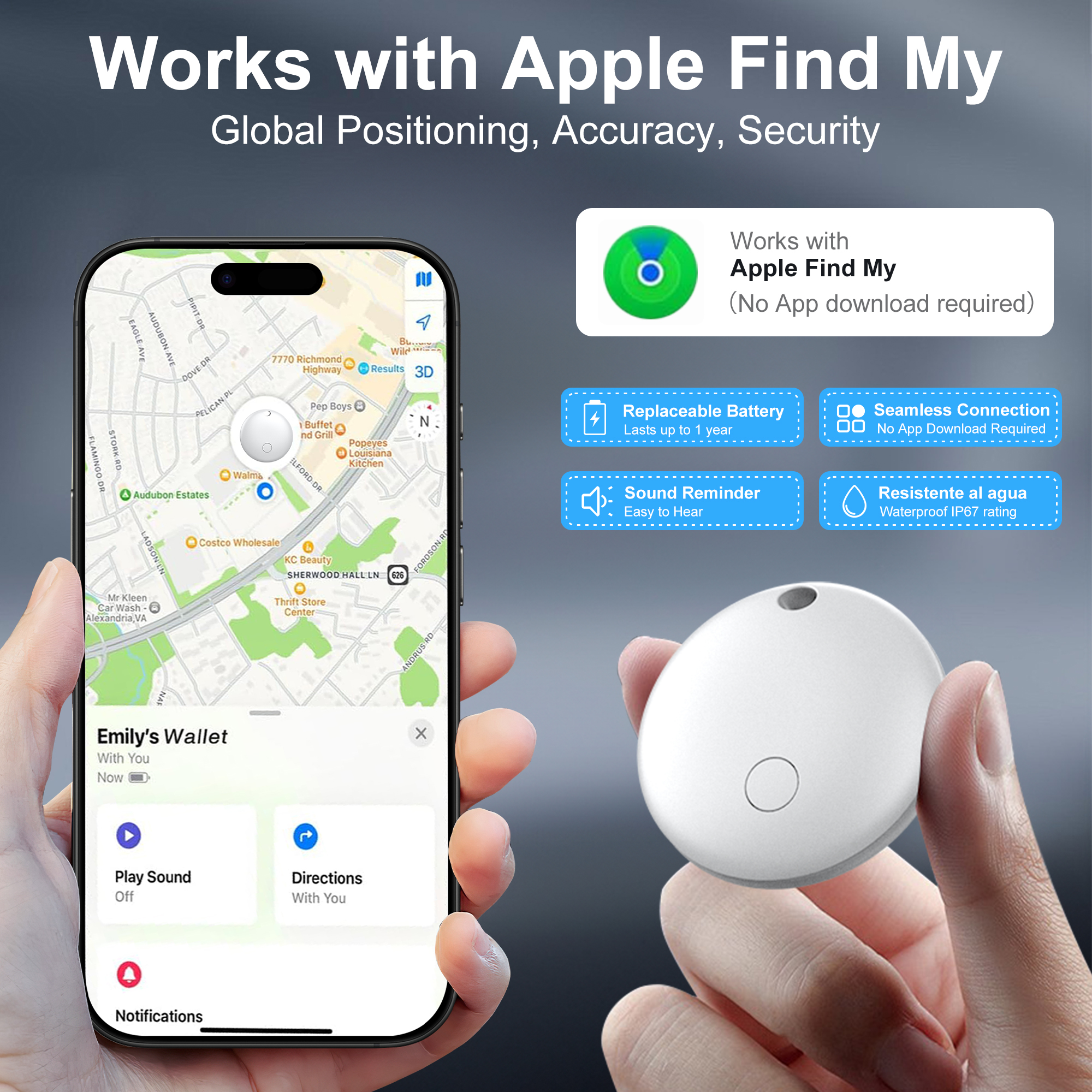 Eine Hand, die einen weißen Apple Find My Tracker hält, ein Telefon, das eine Karte und eine Benachrichtigung zeigt, und Funktionssymbole.