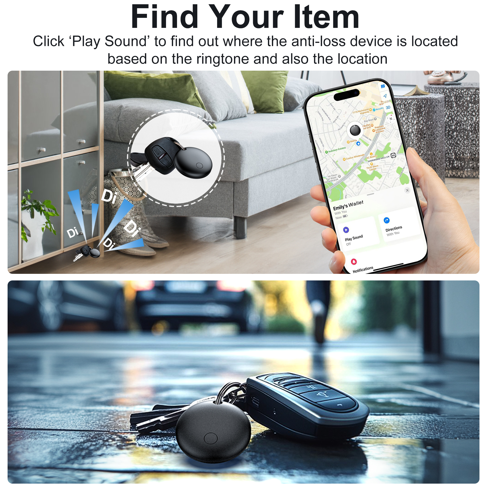 Das Bild zeigt einen Tracker, ein Telefon mit einer Karte und Schlüssel. Der Tracker ist an Schlüsseln befestigt.