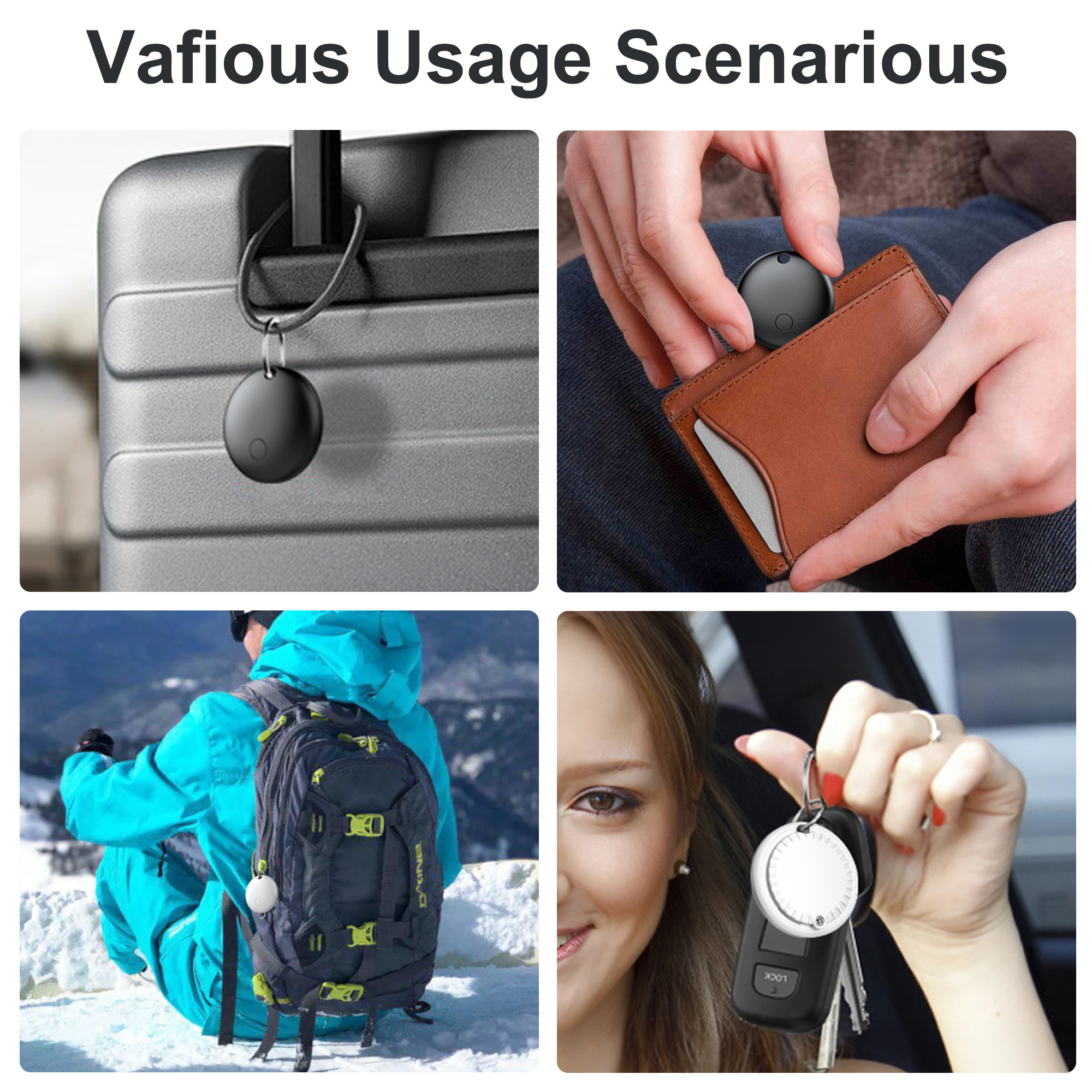 Das Bild zeigt einen Tracker in verschiedenen Szenarien: auf einem Koffer, in einer Brieftasche, auf einem Rucksack und mit Schlüsseln.