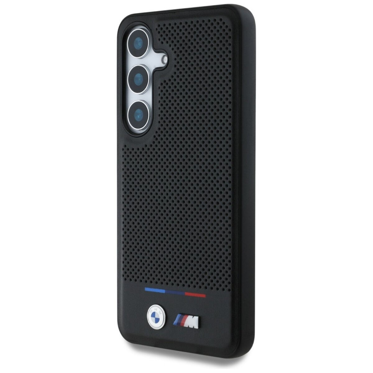 Custodia nera per telefono con lenti della fotocamera, logo BMW e logo M. Ha un design perforato e strisce colorate.