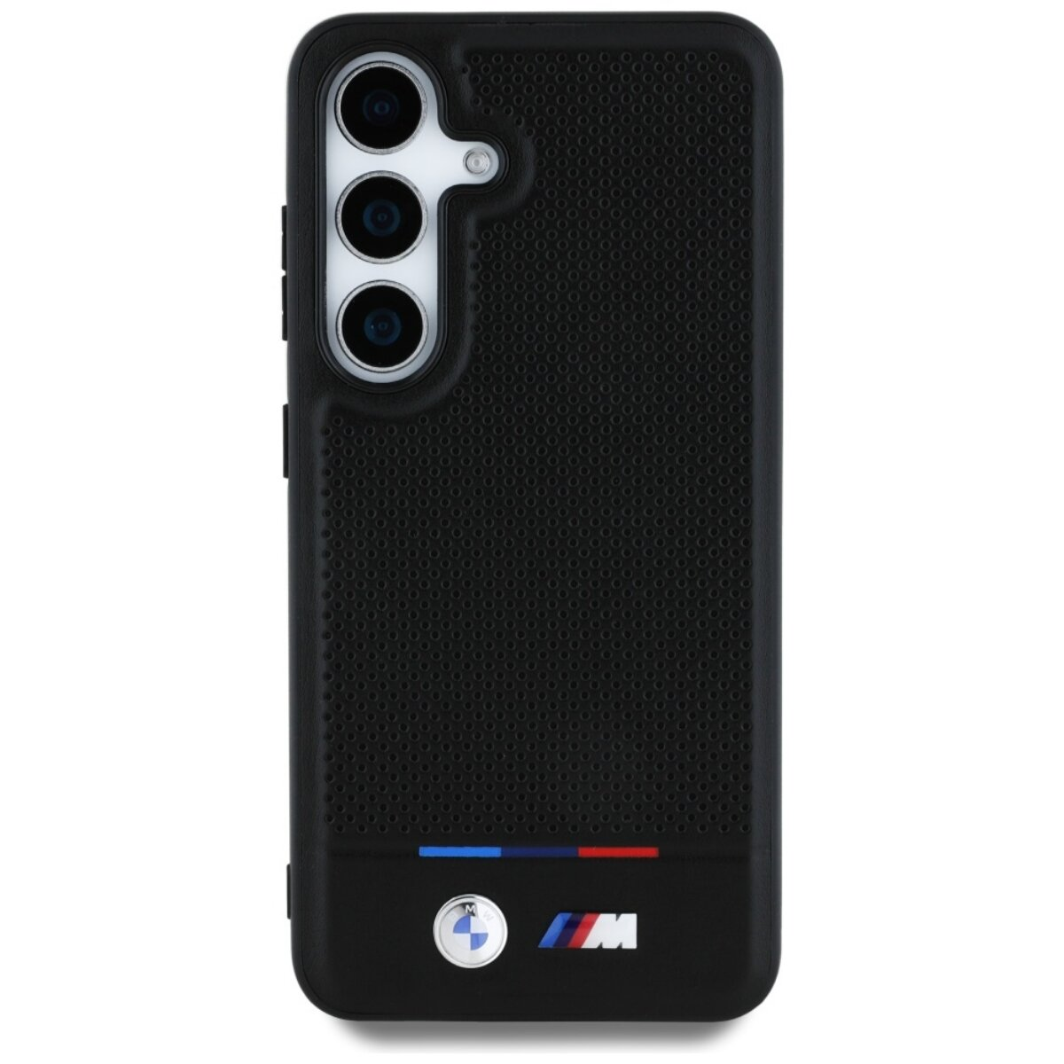 Custodia nera per telefono con texture perforata. Caratterizzata dal logo BMW e strisce. Contiene tre fotocamere e un flash.