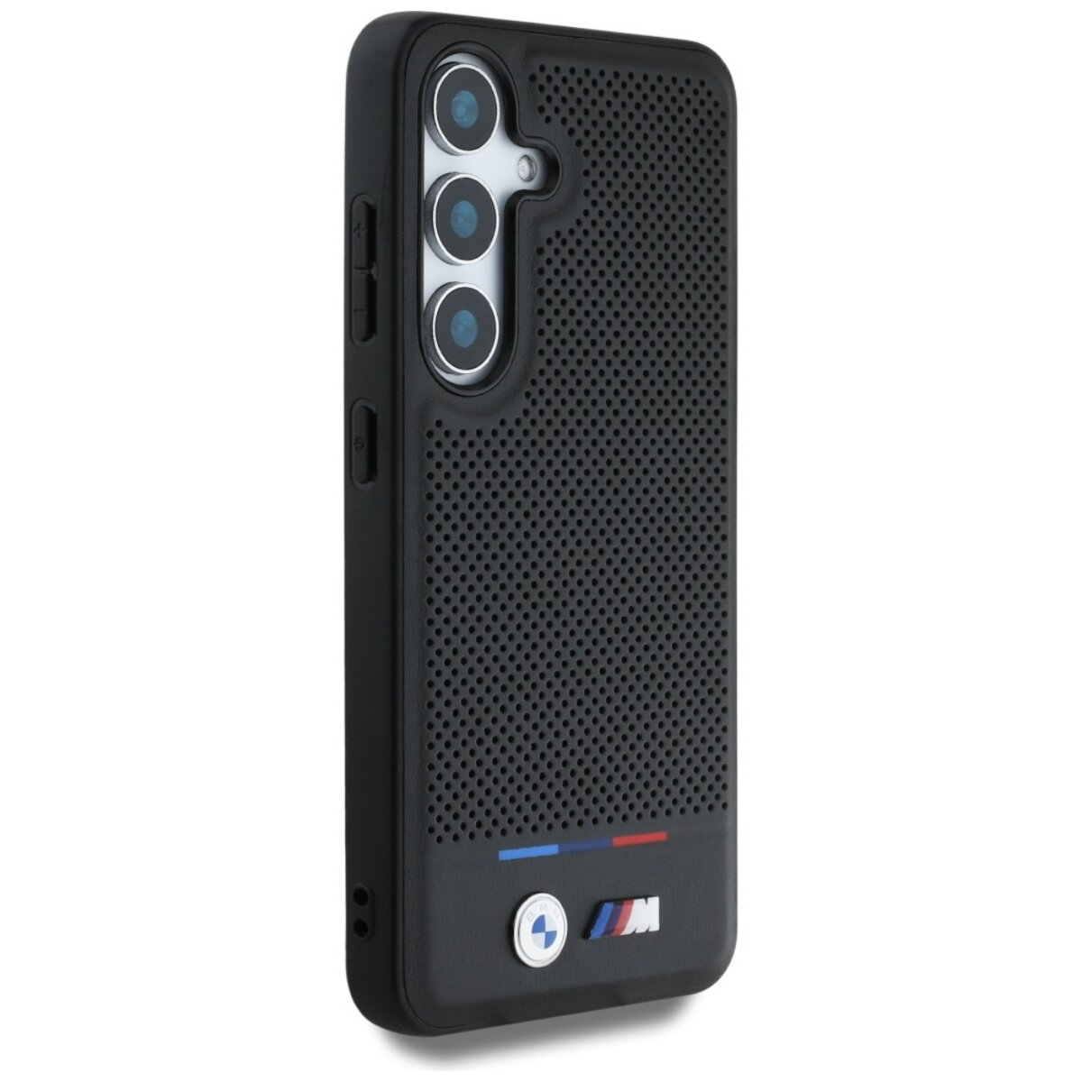 Custodia nera per telefono con texture perforata, tre lenti della fotocamera e logo BMW. Con accenti blu, rossi e bianchi.