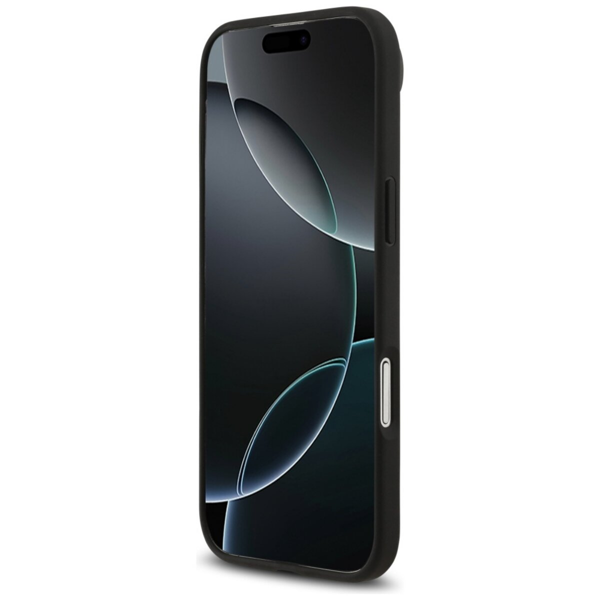Ein schwarzes Smartphone in einer schwarzen Hülle, seitlich angewinkelt. Der Bildschirm zeigt ein abstraktes schwarz-weißes Design.