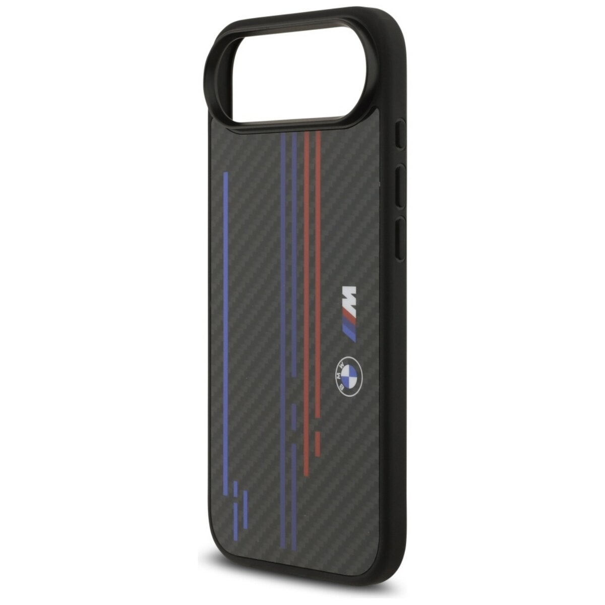 Eine schwarze Handyhülle mit blauen, roten und weißen Streifen, dem BMW-Logo und den Buchstaben 'M' und 'W'.