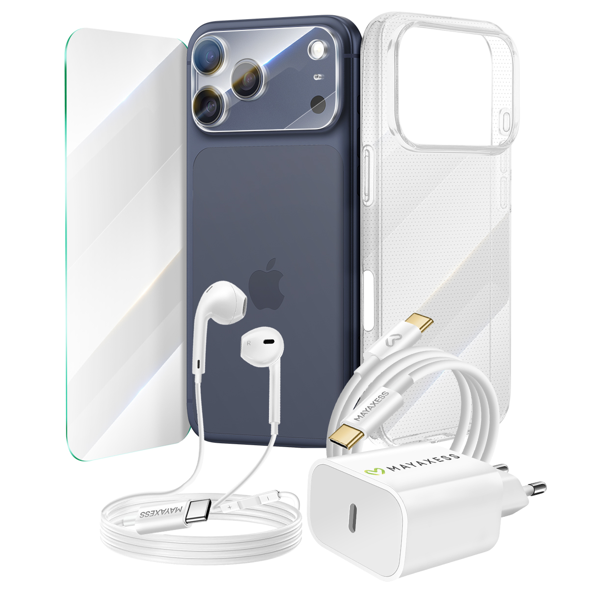 Ein iPhone mit Zubehör: Displayschutz, Hülle, Ohrhörer, Ladegerät und Kabel. Alles ist weiß und blau.