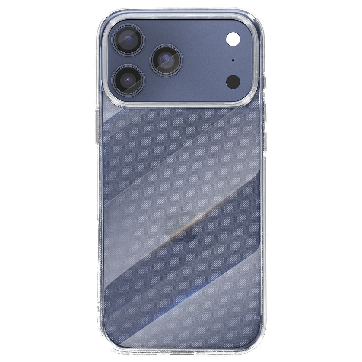 Ein iPhone in einer durchsichtigen Hülle. Das Telefon hat drei Kameras, einen Blitz und das Apple-Logo. Die Hülle hat diagonale Streifen.