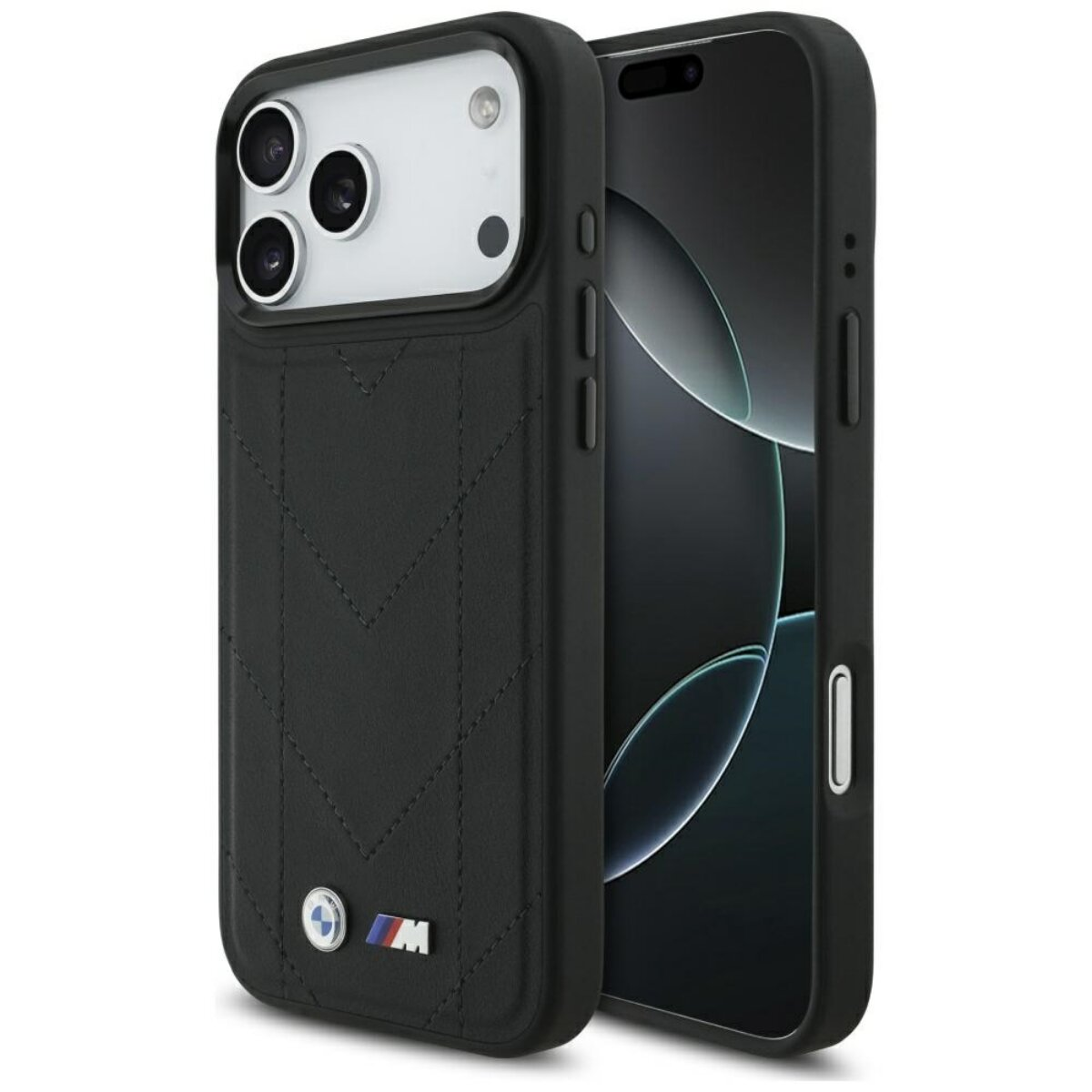 Schwarze iPhone-Hülle mit BMW-Logo. Die Hülle hat ein gestepptes Muster. Der Bildschirm ist sichtbar.