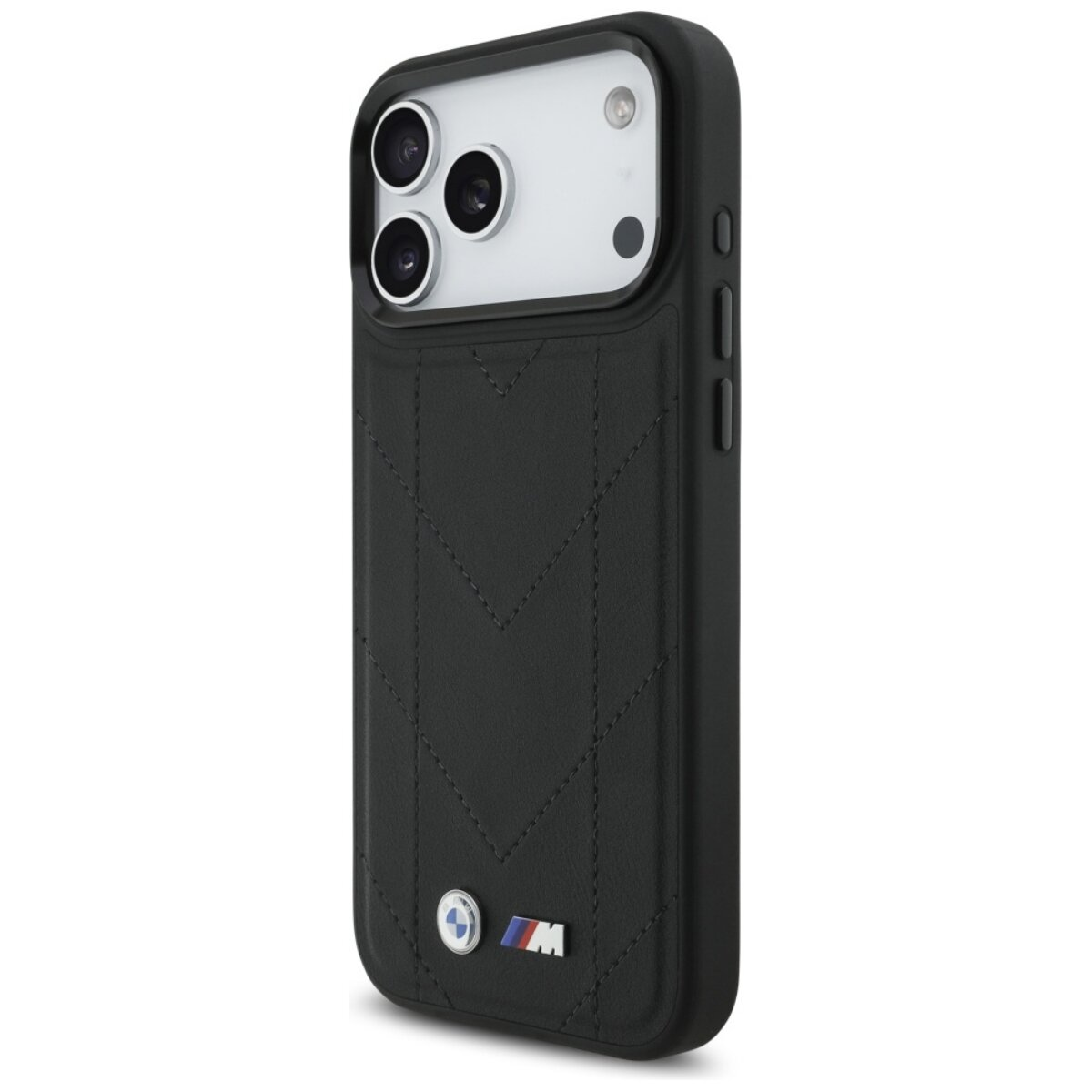Schwarze iPhone-Hülle mit BMW-Logo. Sie hat ein Steppmuster und ein Kameramodul. Die Hülle befindet sich auf weißem Hintergrund.