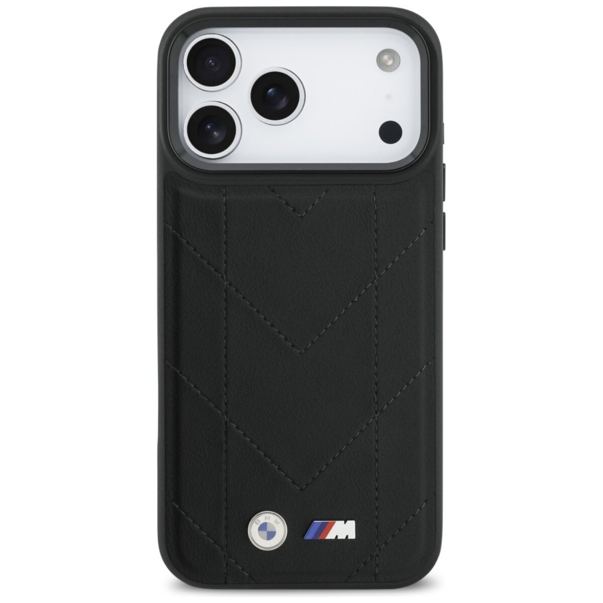 Schwarze Handyhülle mit gestepptem Chevron-Design, BMW-Logo und M-Logo. Enthält Telefon mit mehreren Kameralinsen.