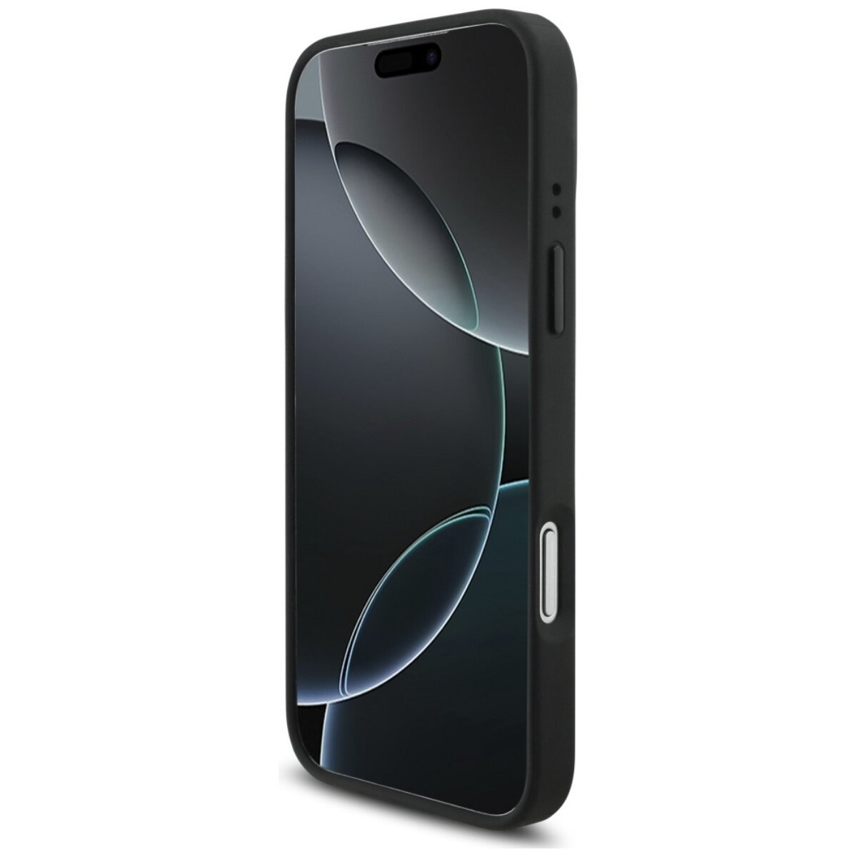 Ein schwarzes Smartphone in einer schwarzen Hülle wird diagonal angezeigt. Der Bildschirm zeigt ein dunkles abstraktes Design mit geschwungenen Linien.