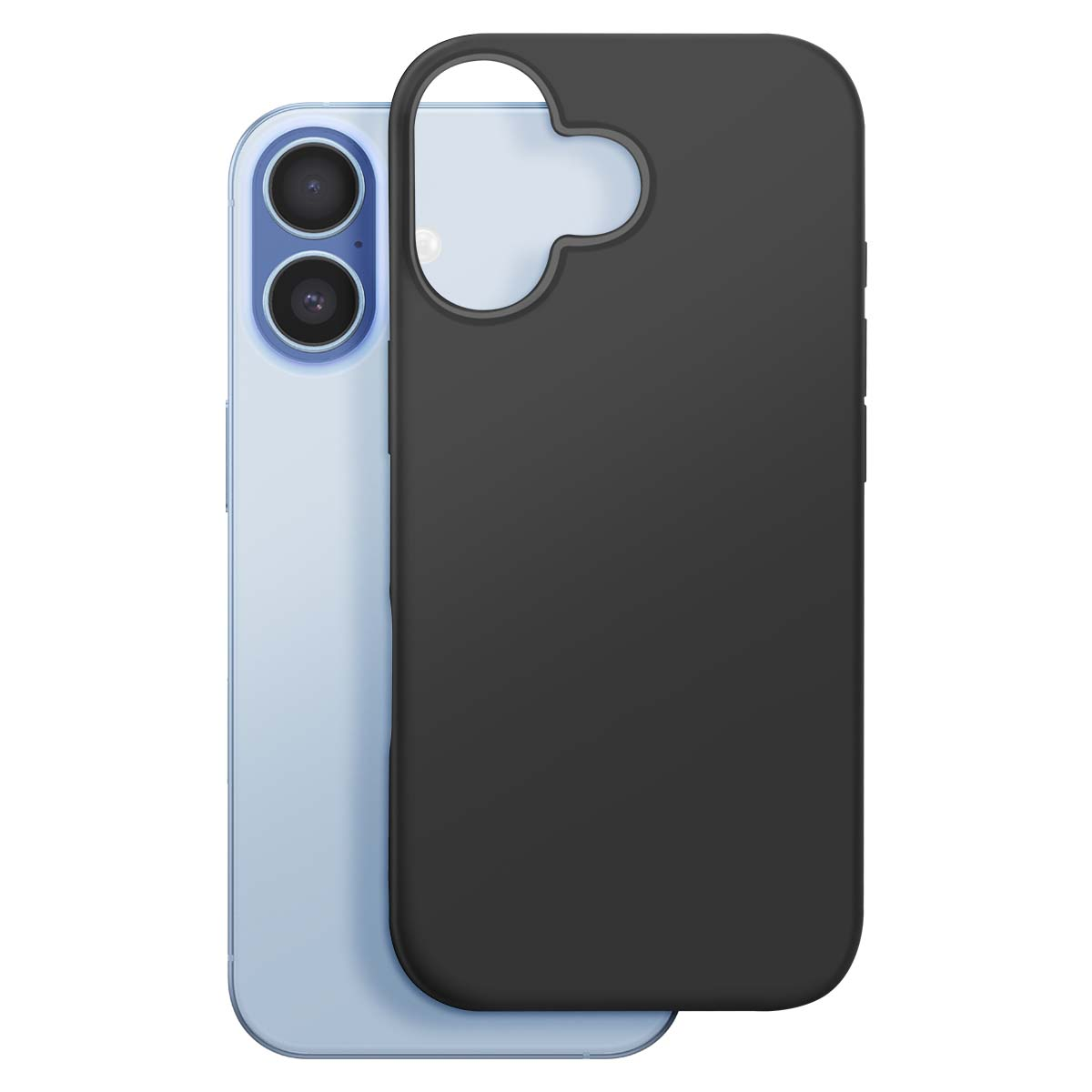 Ein hellblaues Smartphone mit zwei Kameralinsen ist teilweise von einer schwarzen Handyhülle bedeckt. Die Hülle hat einen Ausschnitt.