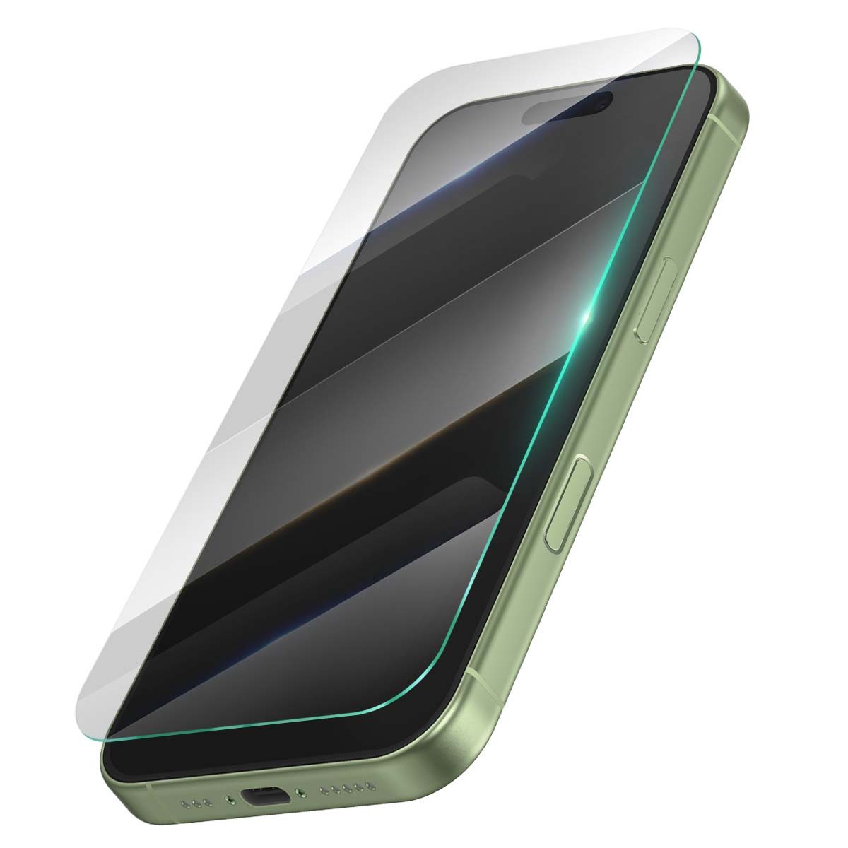 Grünes Smartphone mit Displayschutzfolie. Die Schutzfolie ist klar, der Bildschirm des Telefons ist schwarz.