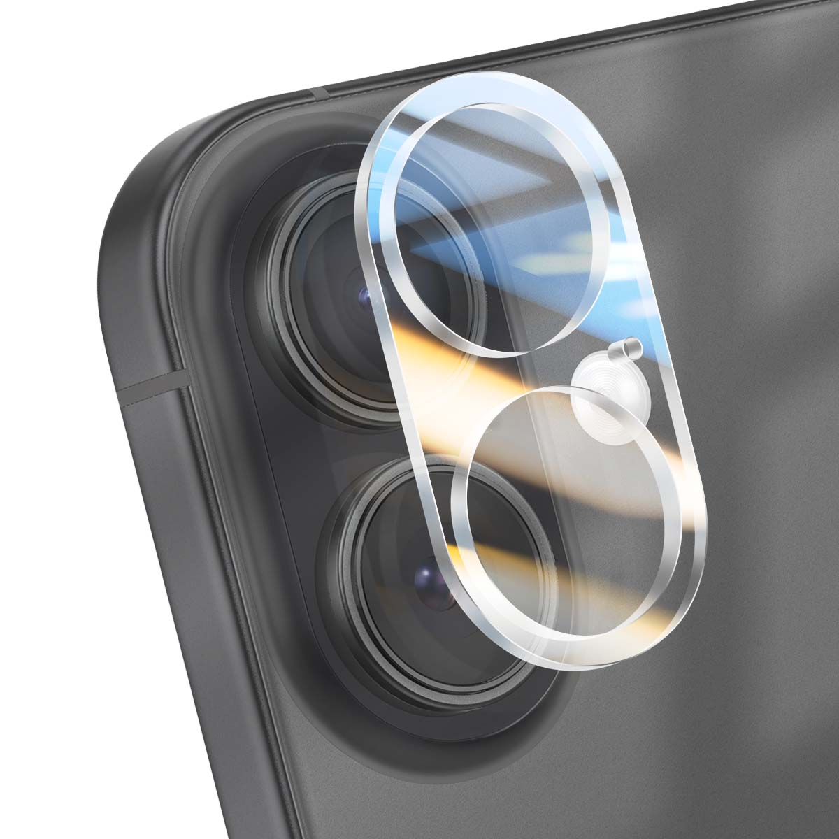 Nahaufnahme einer Smartphone-Kamera mit einer Schutzlinse. Die Abdeckung ist klar, die Linsen sind sichtbar.