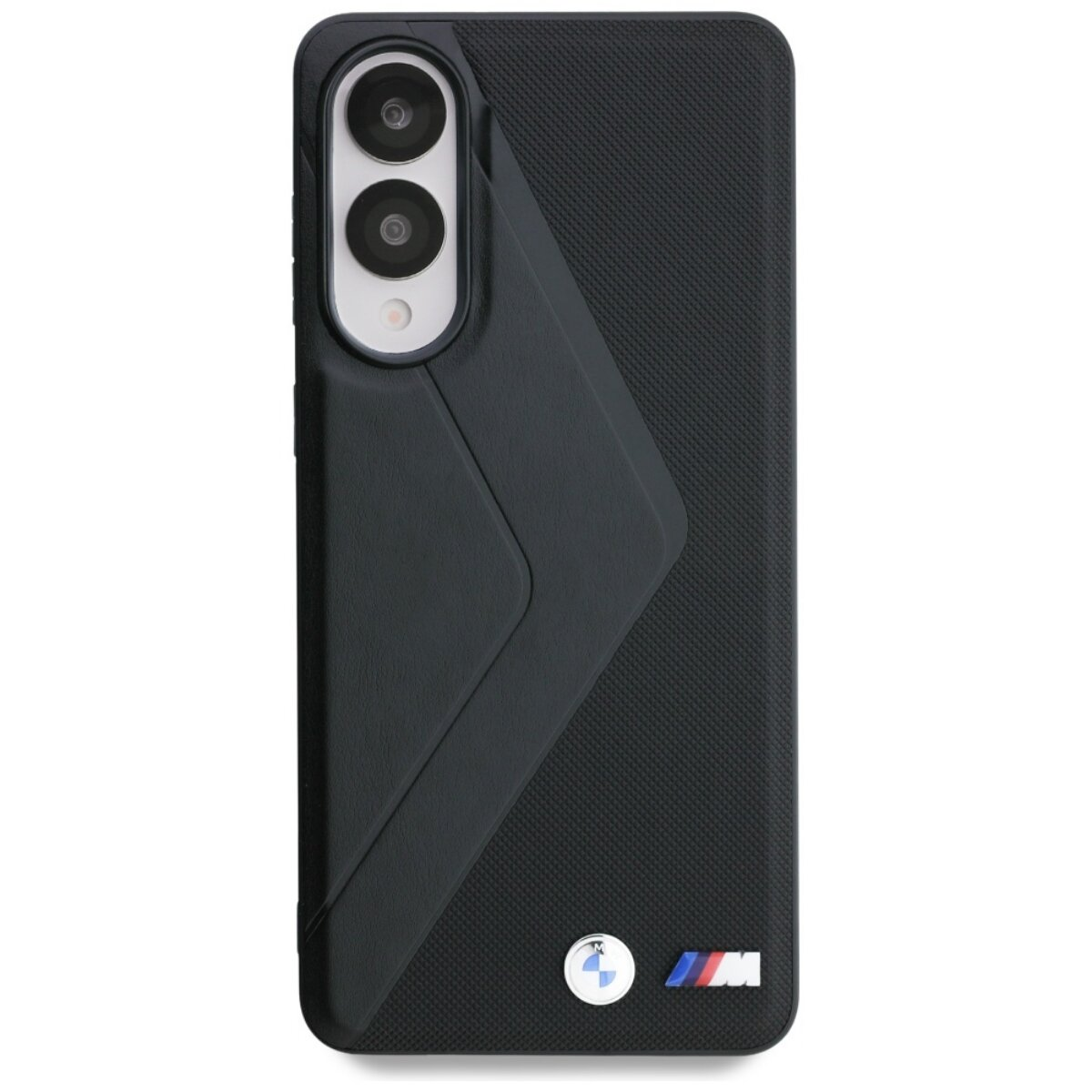 Custodia nera per telefono con due fotocamere, superficie testurizzata e logo BMW. Design unico con elemento piegato.