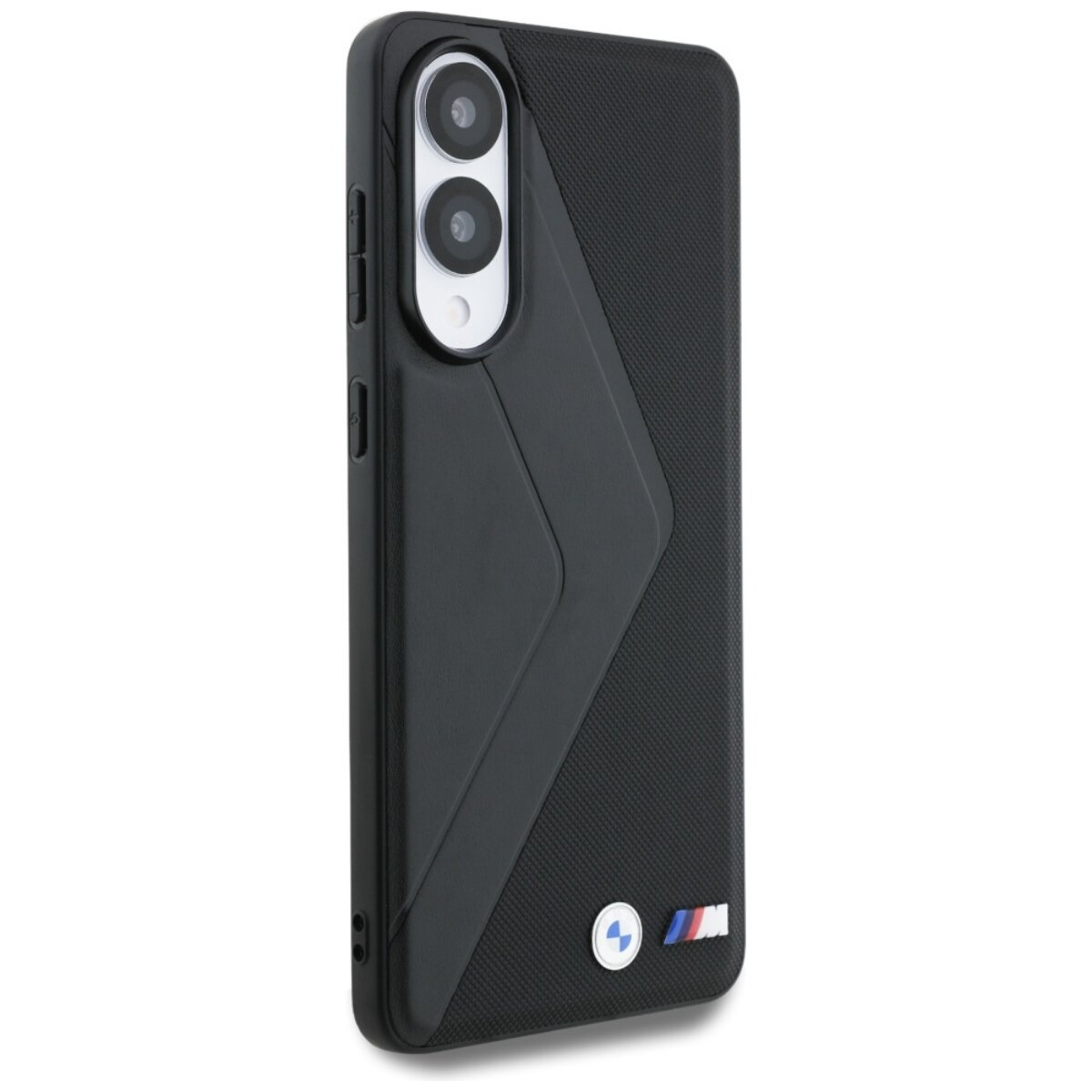 Custodia nera per telefono con fotocamera e logo BMW. Presenta retro strutturato e un design geometrico sul lato.