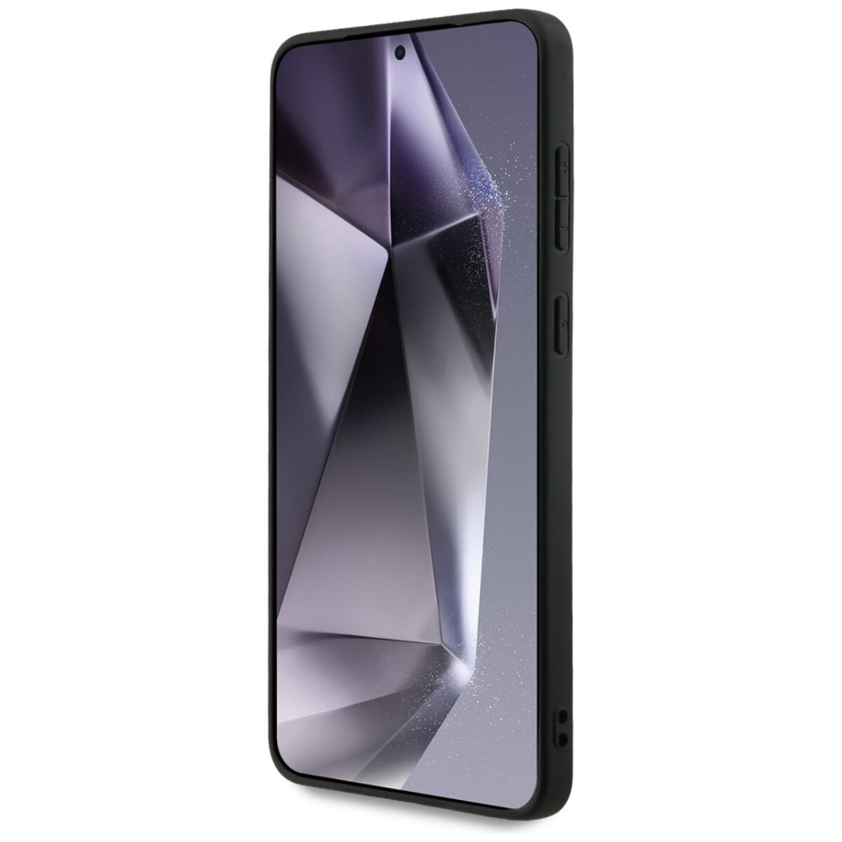 Uno smartphone in una custodia nera, leggermente inclinato a destra. Lo schermo mostra un design geometrico in tonalità di grigio.