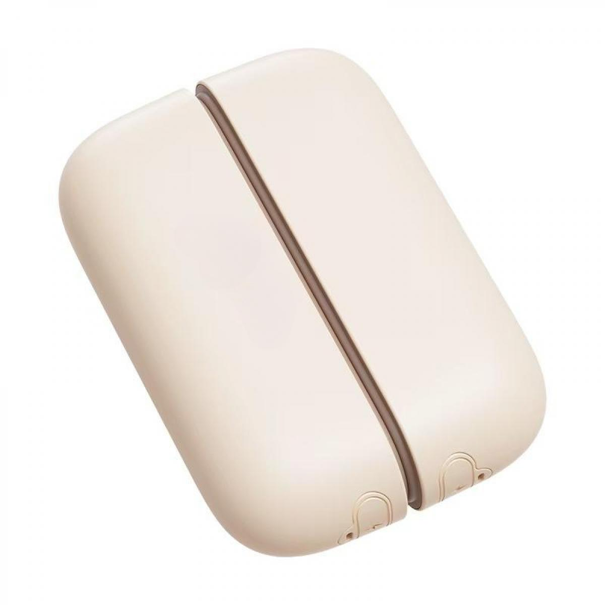 Beige, rechteckige, zweiteilige Vorrichtung mit abgerundeten Kanten. Eine braune Linie teilt die Teile. Kleine, gebogene Details.