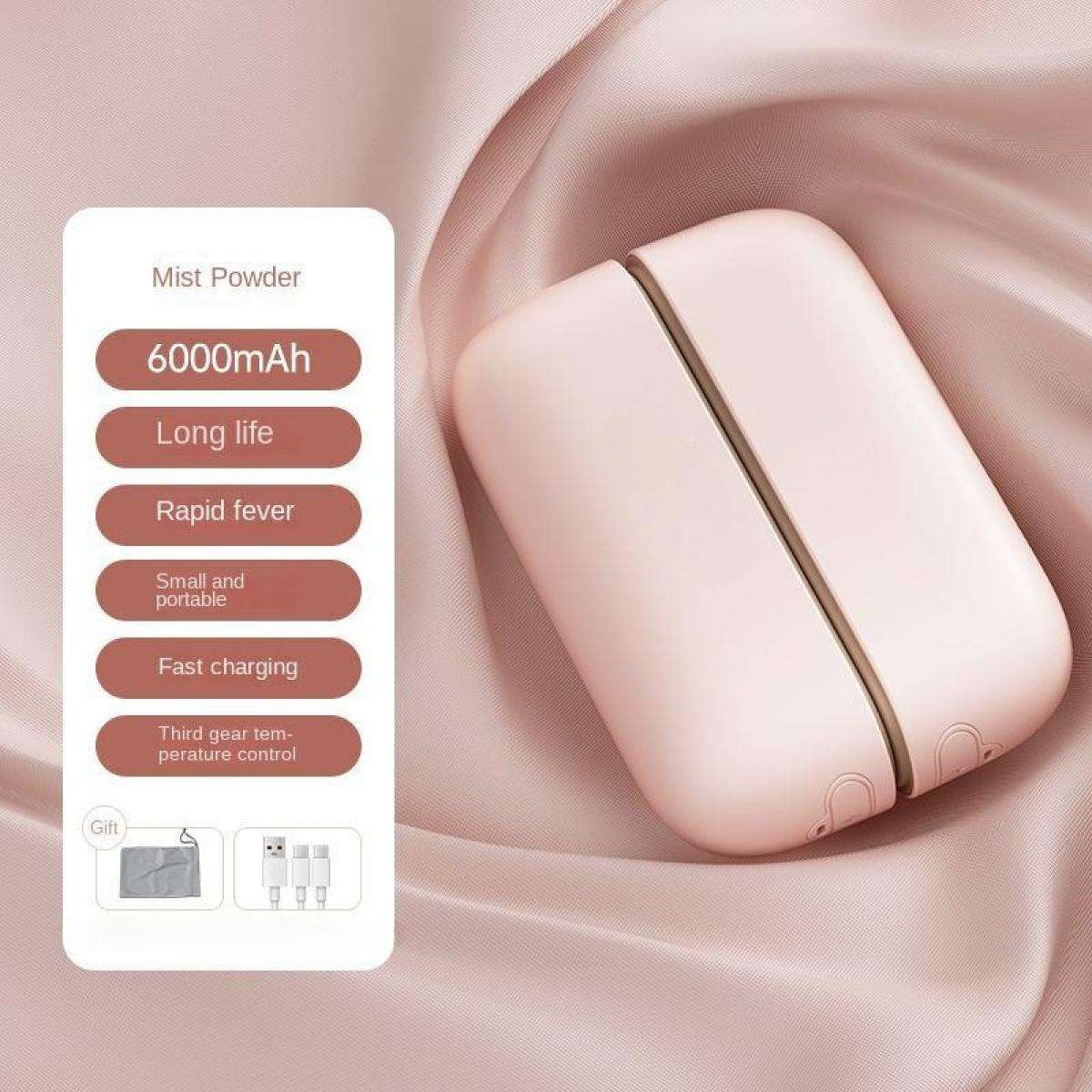 Ein rosa Nebelpudergerät mit Text, der Funktionen wie 6000 mAh, lange Lebensdauer und schnelles Laden beschreibt. Es befindet sich auf einem rosa Stoff.