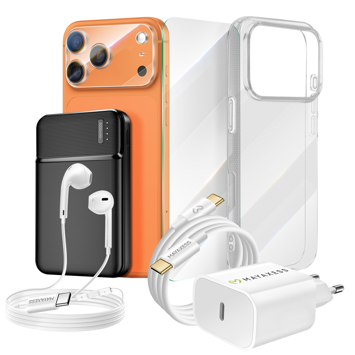 Ein orangefarbenes Smartphone, eine schwarze Powerbank mit Kopfhörern, ein weißes Ladegerät, ein Kabel und eine transparente Handyhülle.