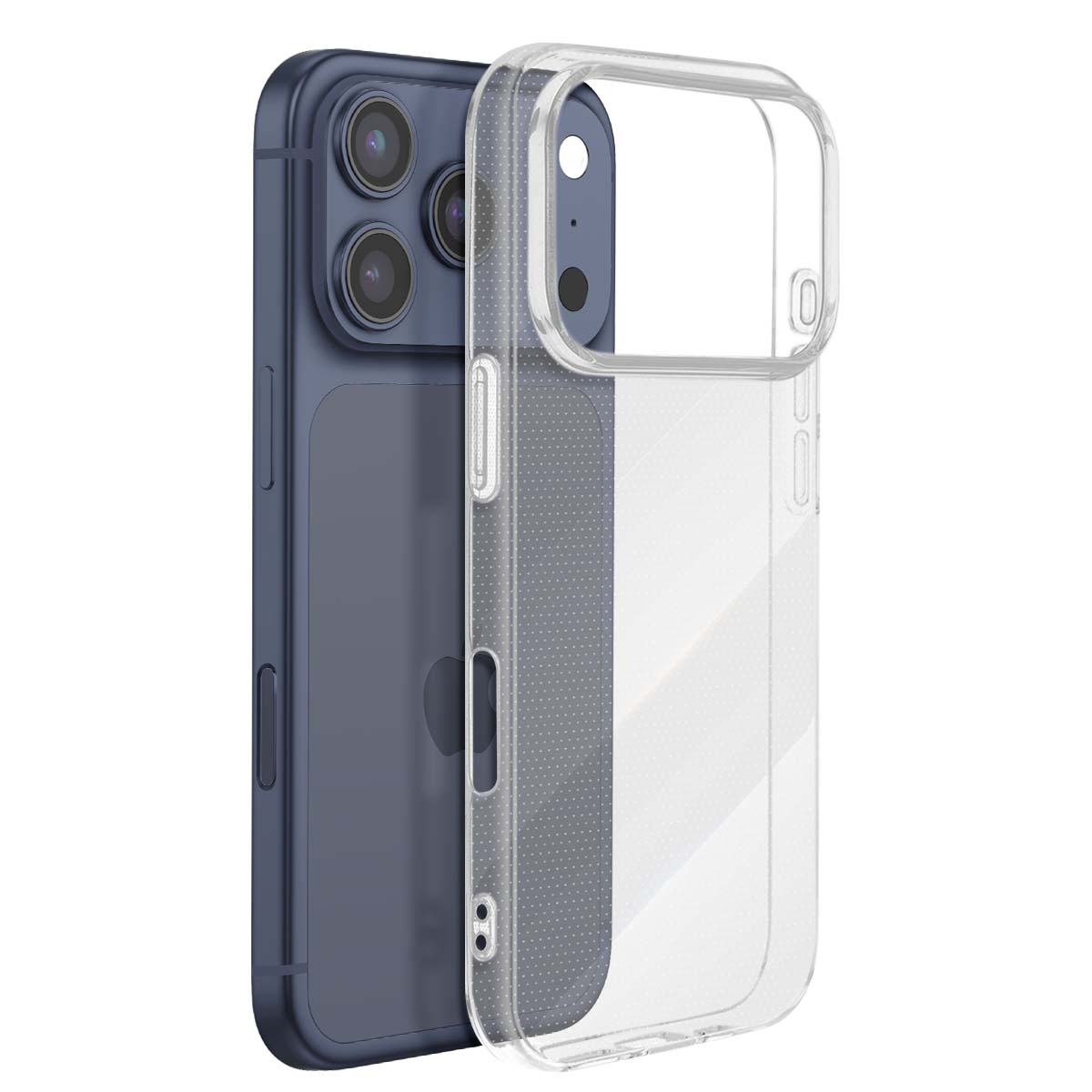 Ein blaues Smartphone mit einer transparenten Schutzhülle. Das Telefon hat mehrere Kameralinsen und ein schlankes Design.
