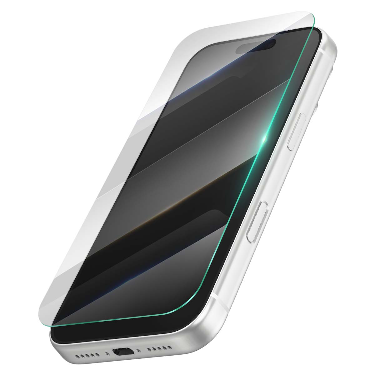 Ein Smartphone mit Displayschutz. Das Telefon ist silber, der Bildschirm ist schwarz und der Schutz ist klar.