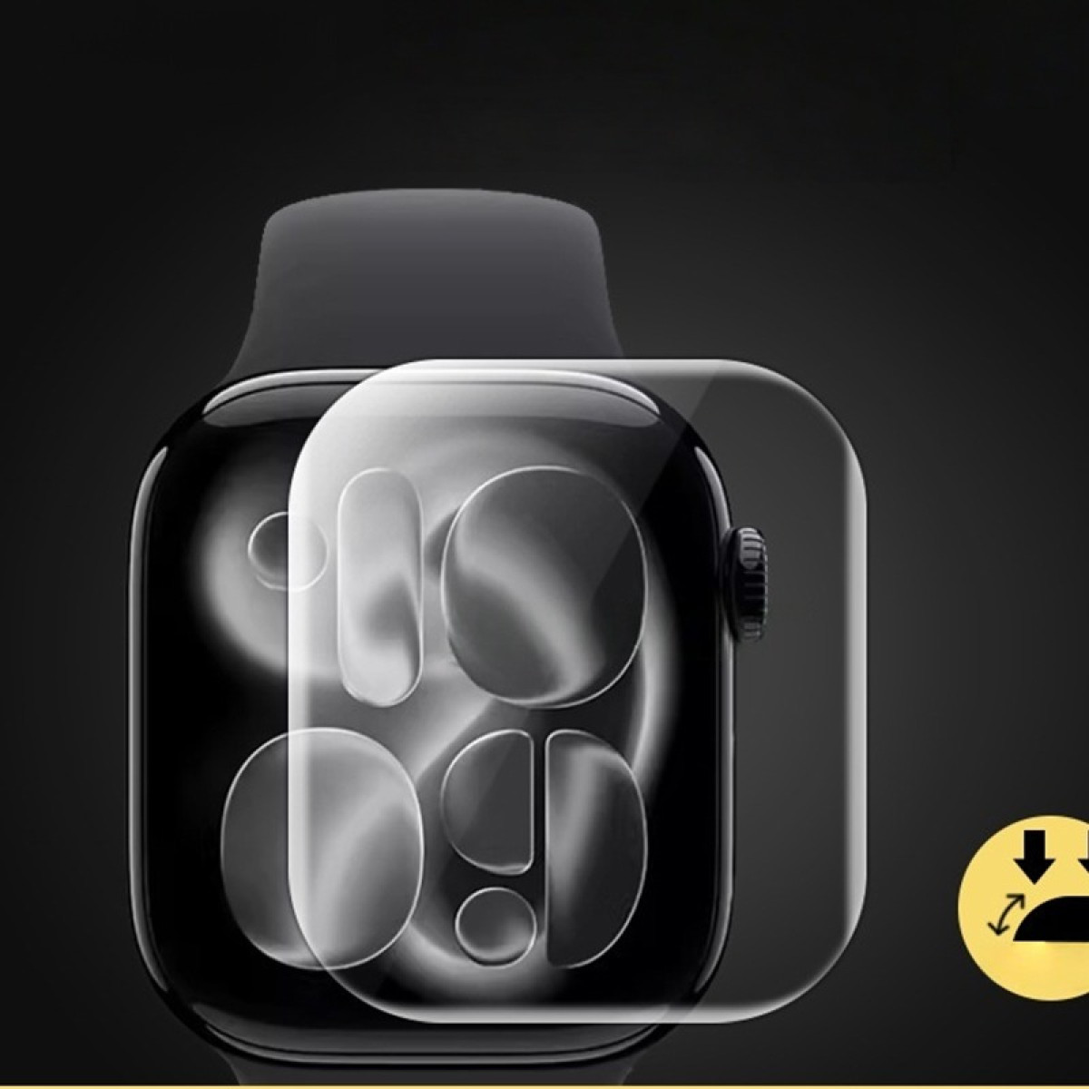 Eine Apple Watch mit Displayschutz. Die Uhr ist schwarz, mit einem klaren, gewölbten Schutz über dem Bildschirm. Schwarzer Hintergrund.