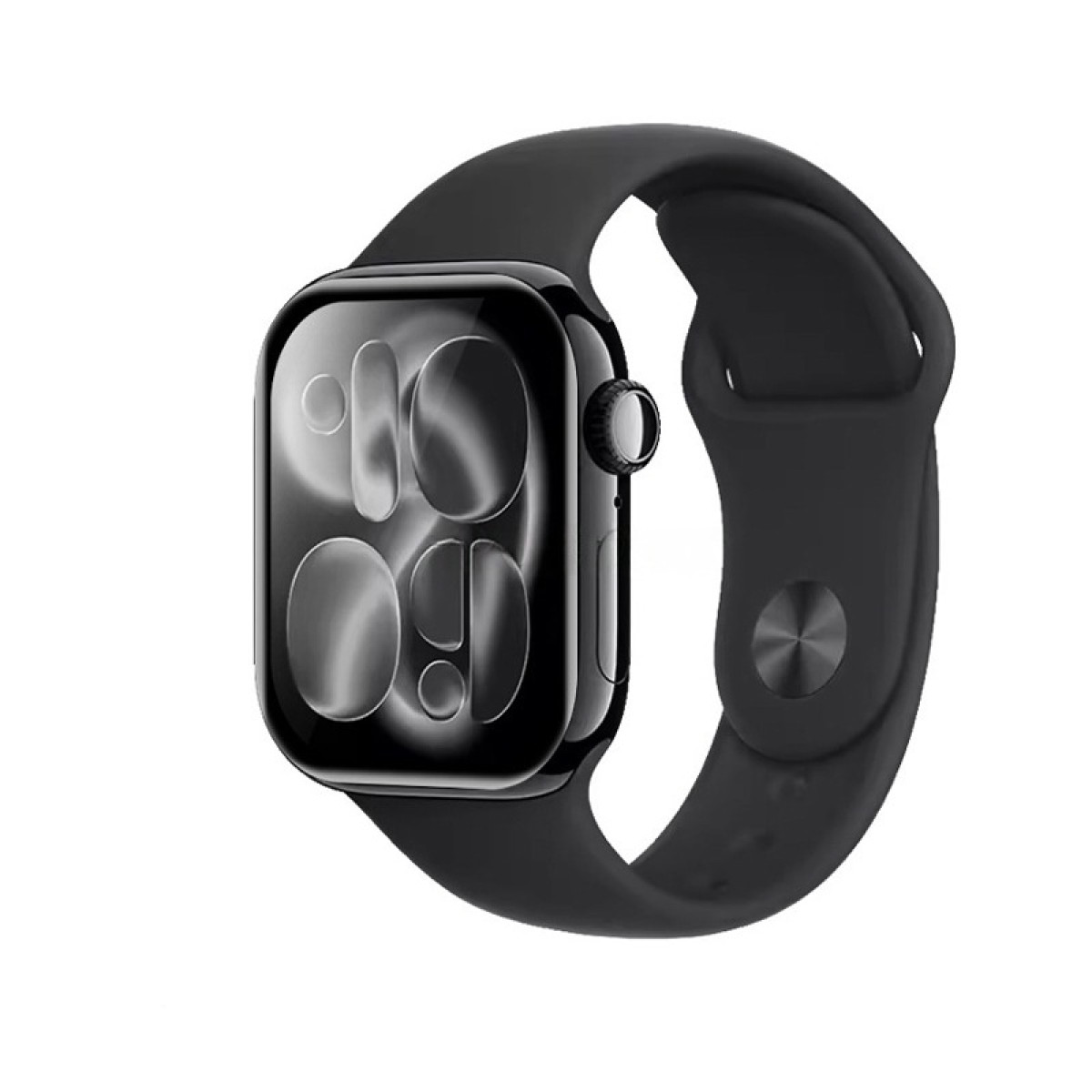 Eine schwarze Apple Watch mit schwarzem Armband. Das Zifferblatt zeigt eine Oberfläche. Der Hintergrund ist weiß.