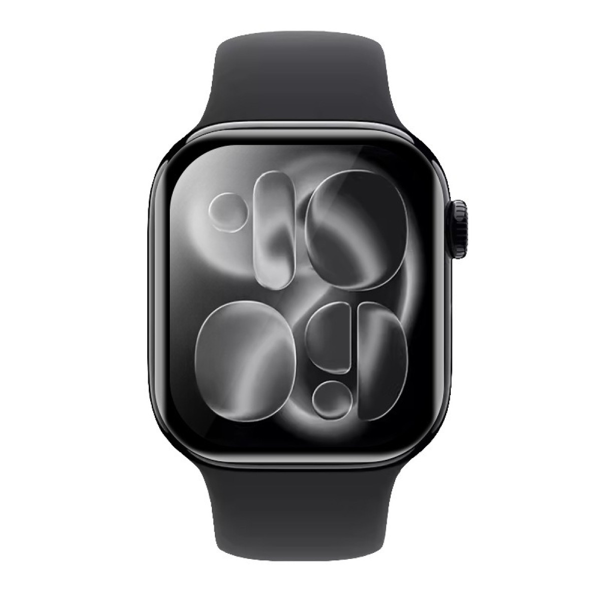 Eine schwarze Smartwatch wird angezeigt. Das Zifferblatt zeigt ein Graustufen-Design. Die Uhr hat ein schwarzes Armband und einen Knopf an der Seite.