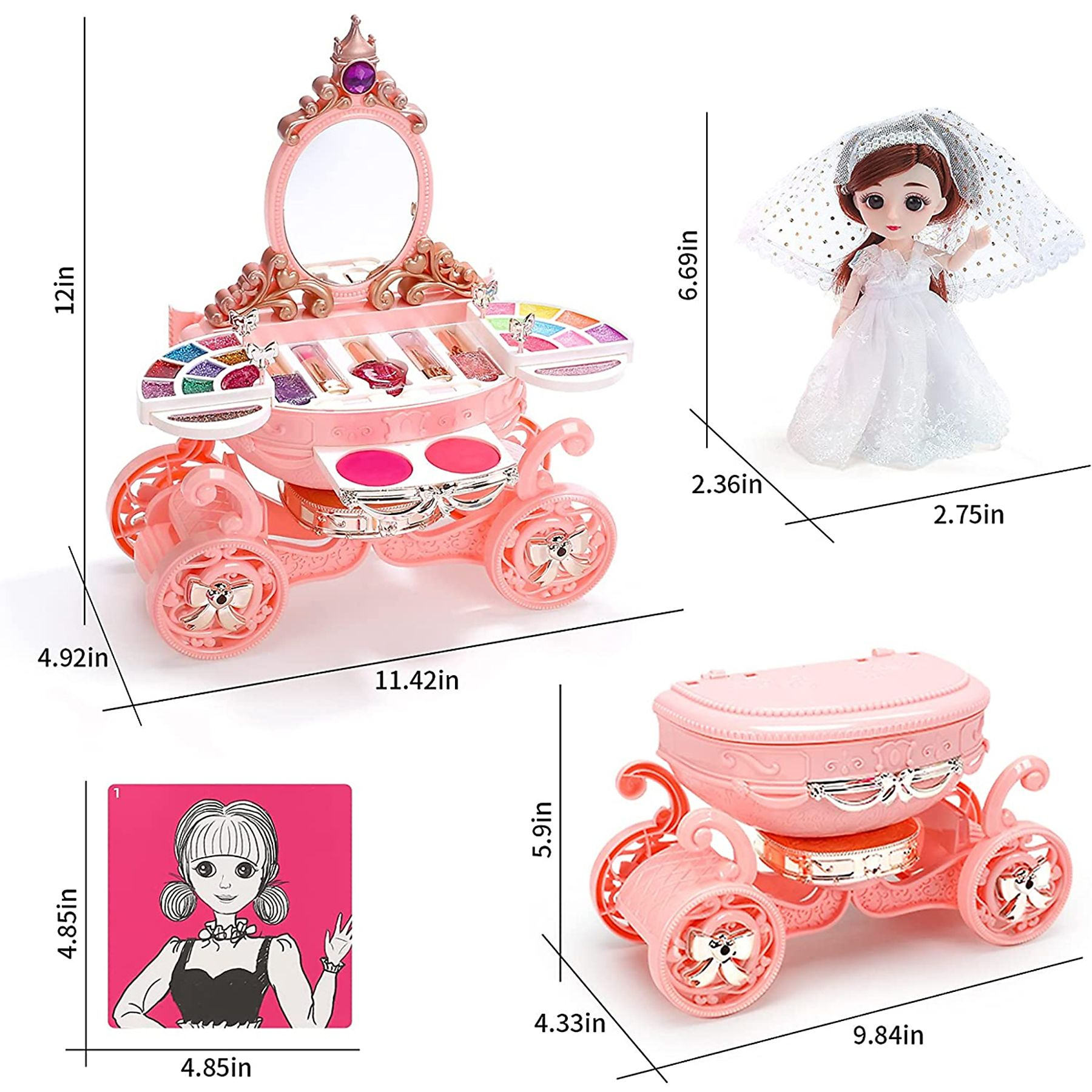 Ein rosa Spielzeug-Make-up-Set mit Spiegel, eine Puppe in einem weißen Kleid und eine rosa Kutsche. Das Set enthält Make-up-Artikel.