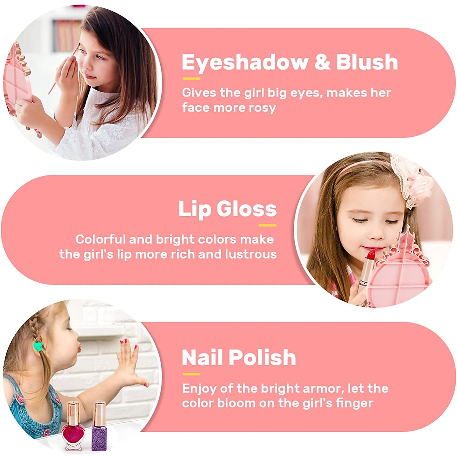 Das Bild zeigt ein Mädchen, das sich mit einem rosa Set schminkt. Abschnitte heben Lidschatten, Lipgloss und Nagellack hervor.