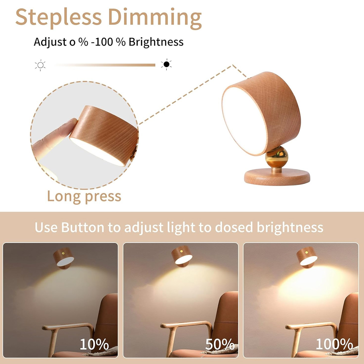 Eine Holzlampe mit einstellbarer Helligkeit. Zeigt die Lichtintensitätsstufen von 0 % bis 100 %. Demonstriert das Dimmen mit Bildern.