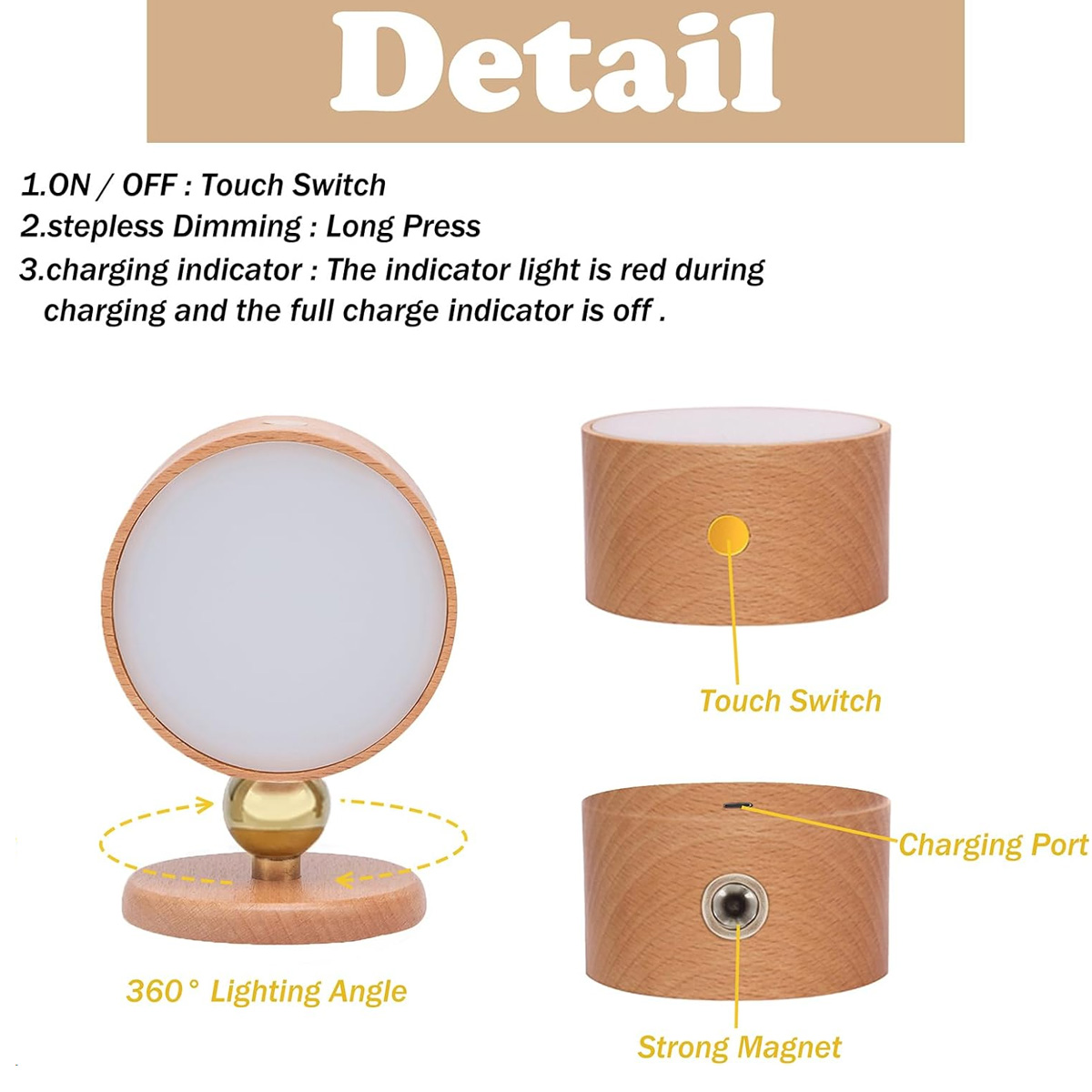 Holzlampe mit weißem Licht, goldener Basis und Touch-Schalter. Merkmale sind ein Ladeanschluss und ein starker Magnet.