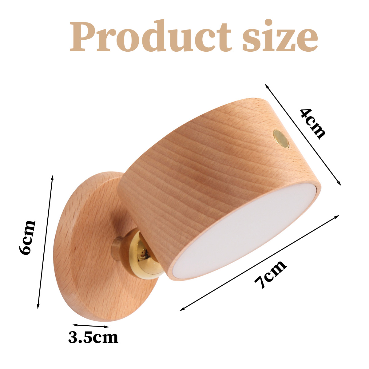 Wandlampe aus Holz. Maße sind beschriftet: 6 cm, 3,5 cm, 7 cm und 4 cm. Text oben lautet „Produktgröße“.