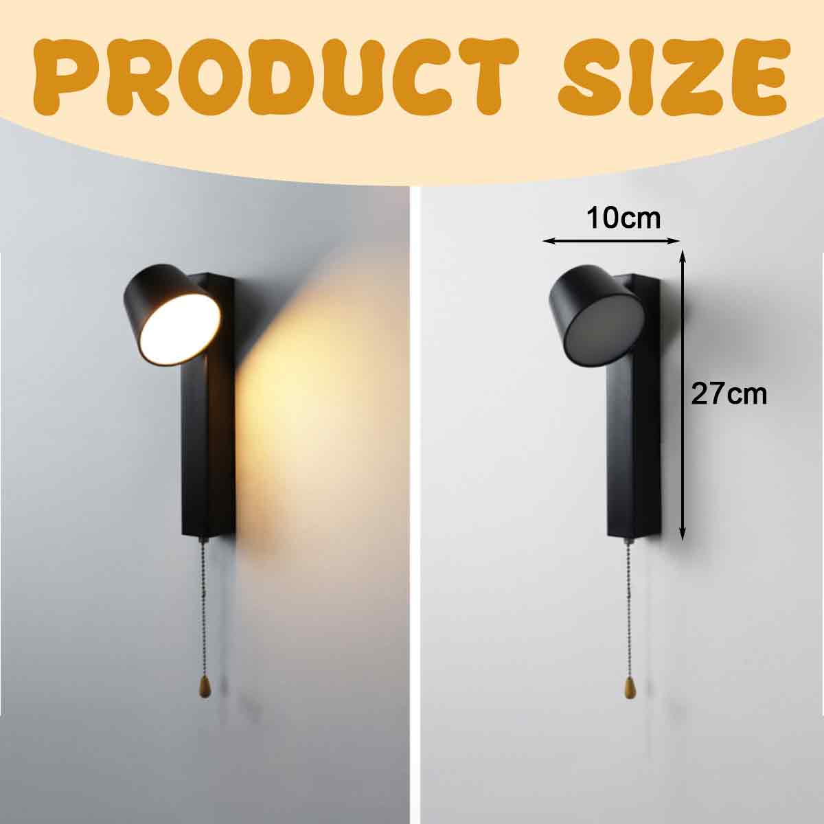 Zwei schwarze Wandlampen mit Größenangaben. Die linke Lampe leuchtet, die rechte ist ausgeschaltet. Beide haben Zugketten.