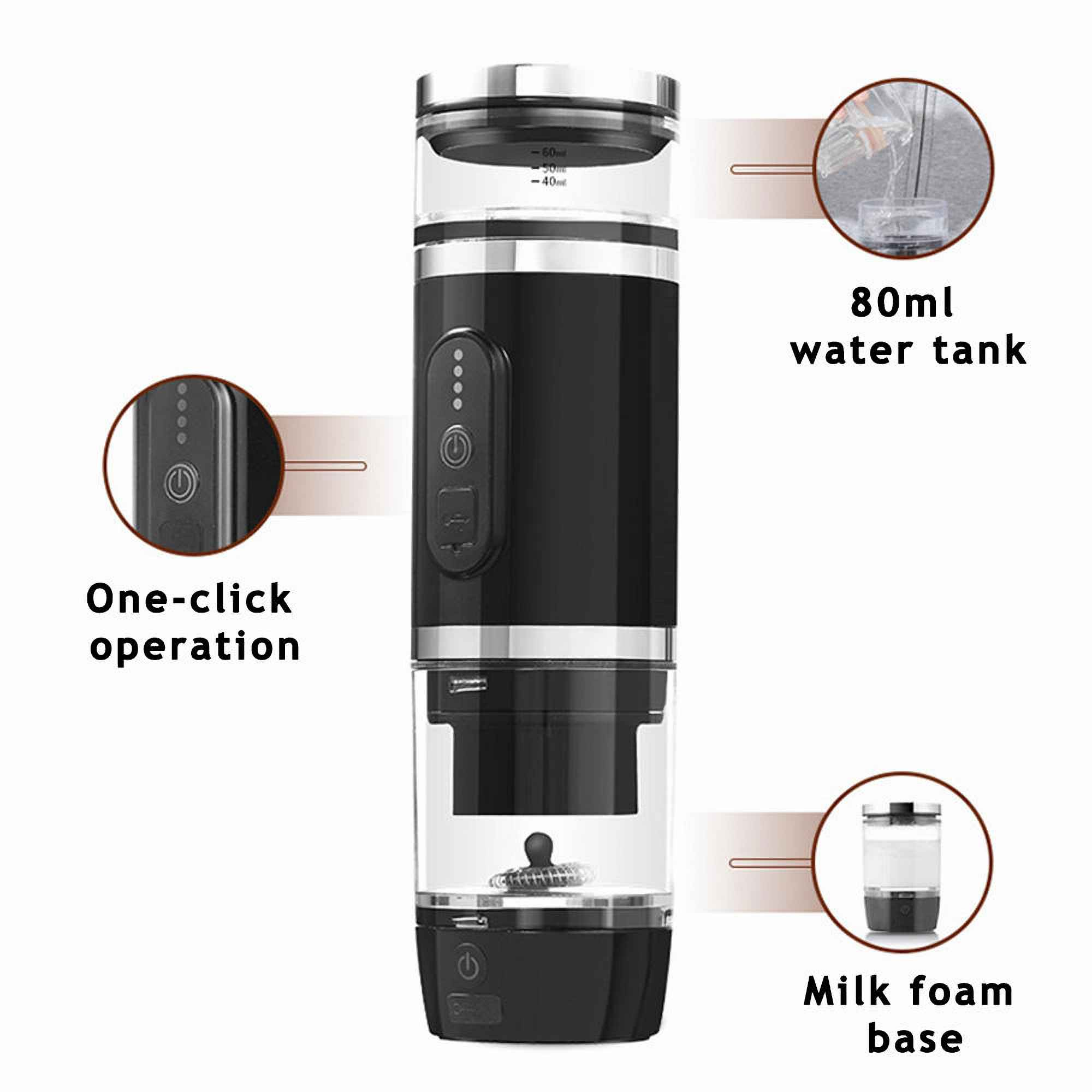 Schwarz-silberner Kaffeezubereiter mit Wassertank, Milchschaumbasis und One-Click-Bedienung, mit Etiketten.