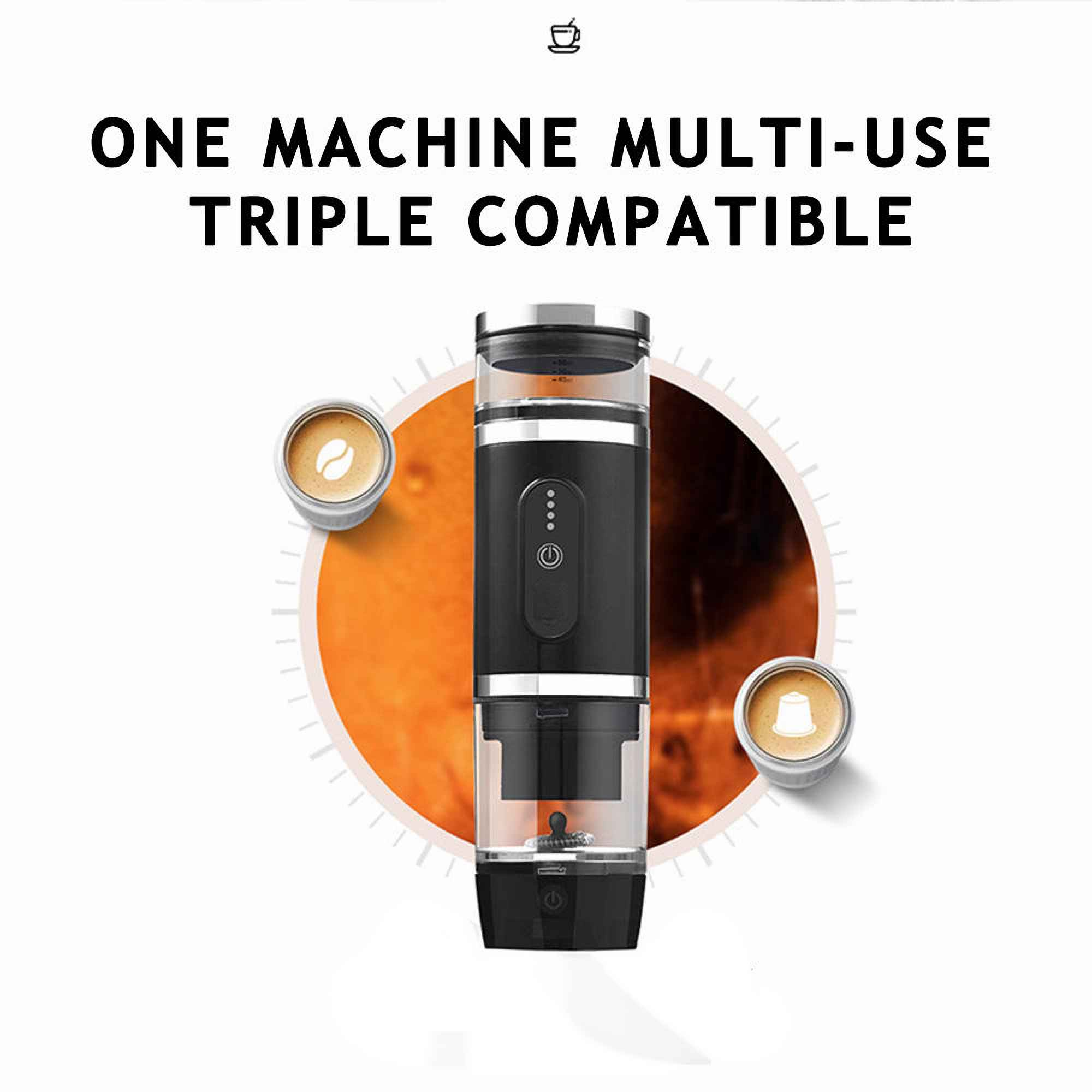 Schwarzer Kaffeezubereiter mit zwei Kaffeetassen und Text: ONE MACHINE MULTI-USE TRIPLE COMPATIBLE auf weißem Hintergrund.
