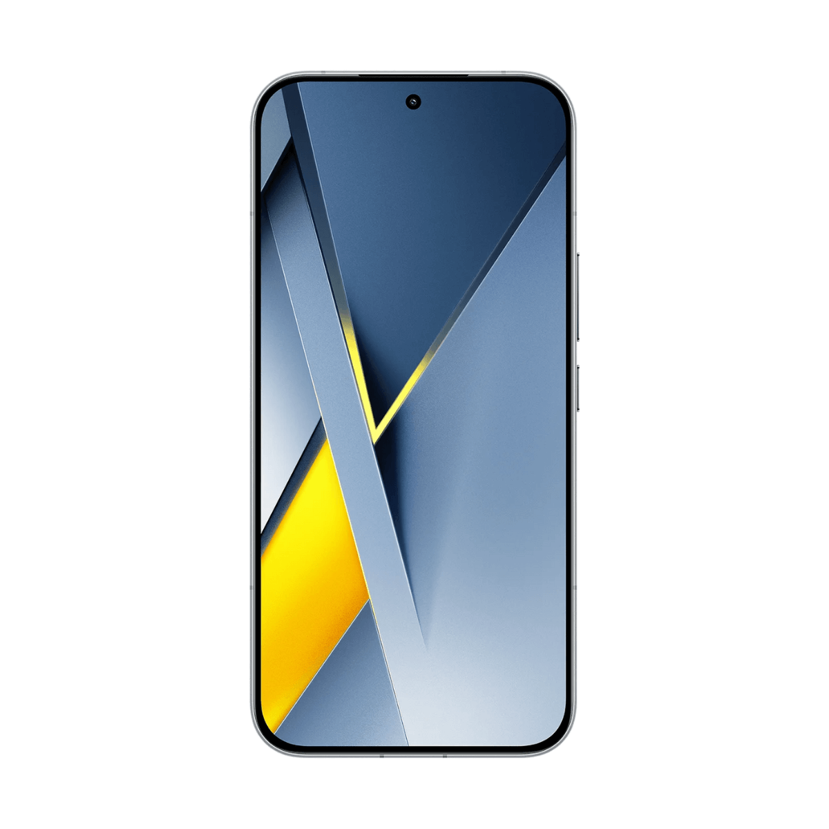 Smartfon ze srebrną ramką. Ekran wyświetla abstrakcyjny wzór z niebieskimi, szarymi i żółtymi geometrycznymi kształtami.