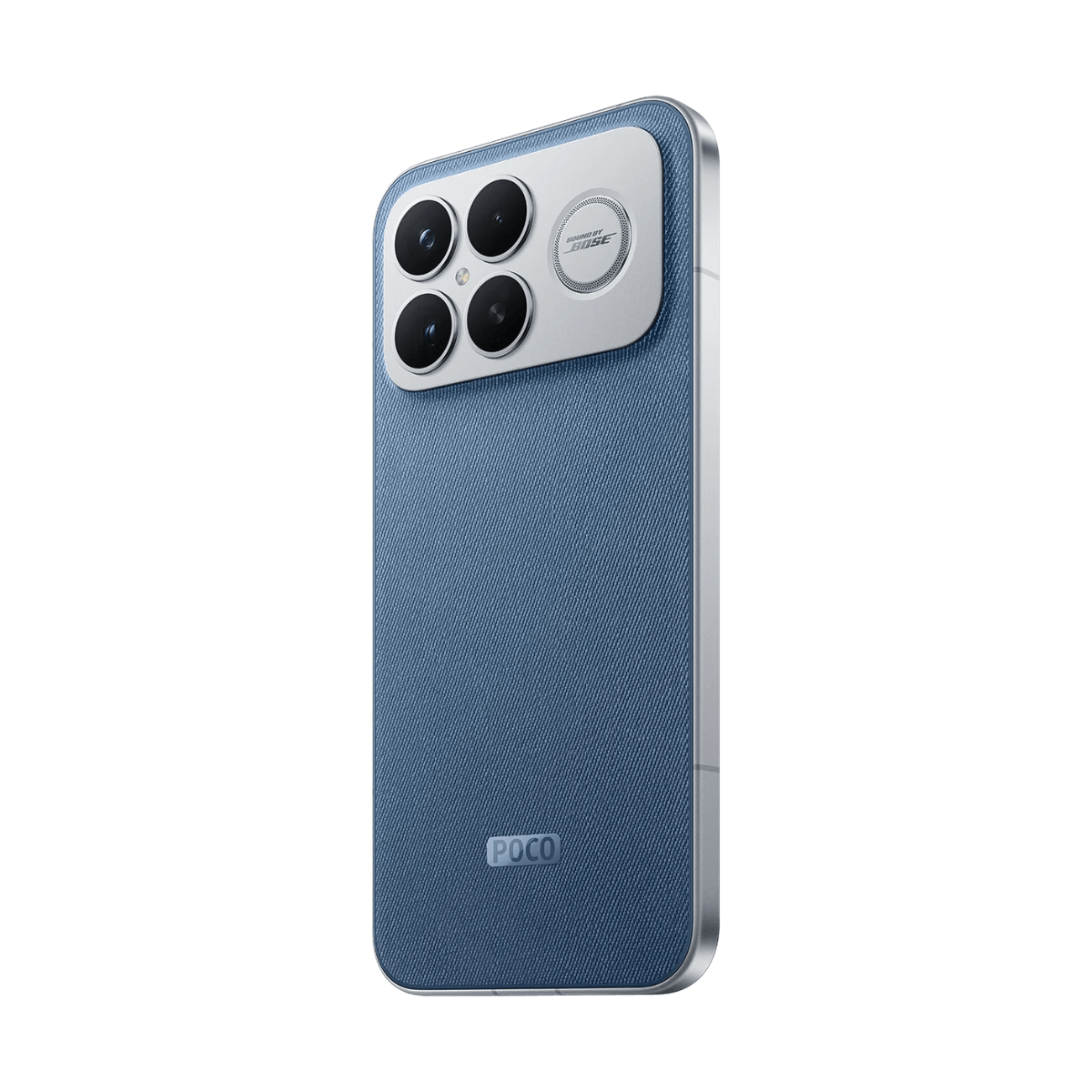 Smartfon z niebieskim tyłem imitującym dżins. Ma cztery aparaty, srebrną ramkę i logo Poco. Moduł kamery jest srebrny.