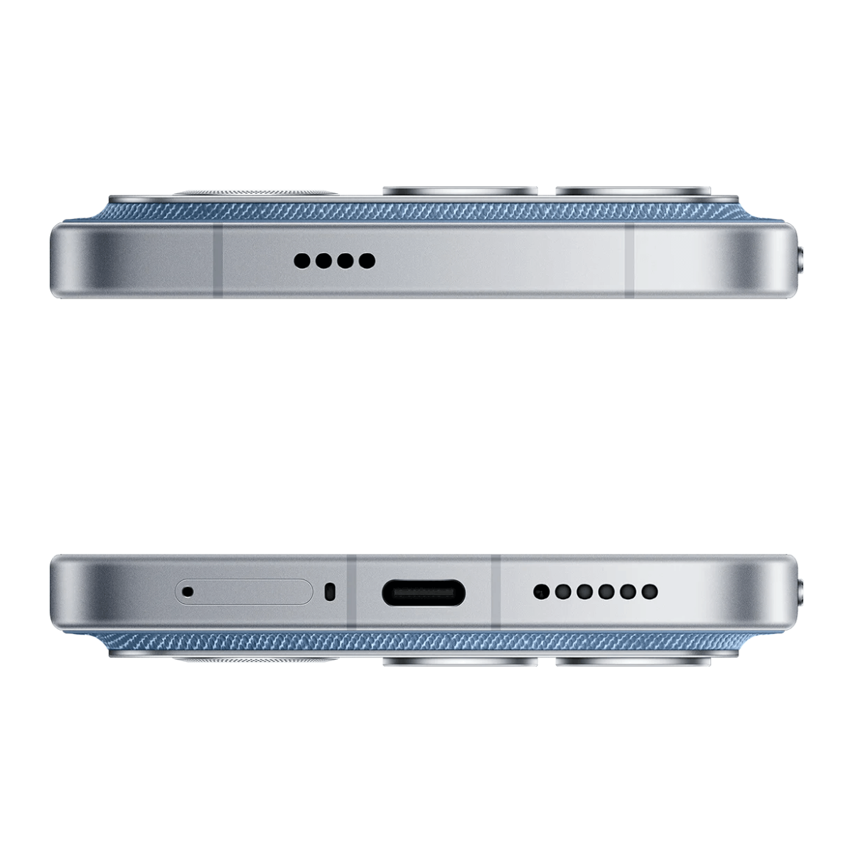 Zbliżenie srebrnego smartfona. Telefon ma niebieską, wzorzystą krawędź. Pokazuje aparat, port ładowania i otwory głośnika.