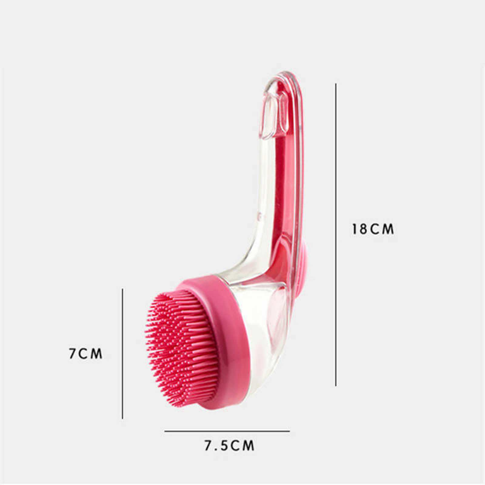 Eine rosa und transparente Gesichtsbürste mit Maßangaben. Sie hat einen Bürstenkopf, einen Griff und ist 18 cm lang.