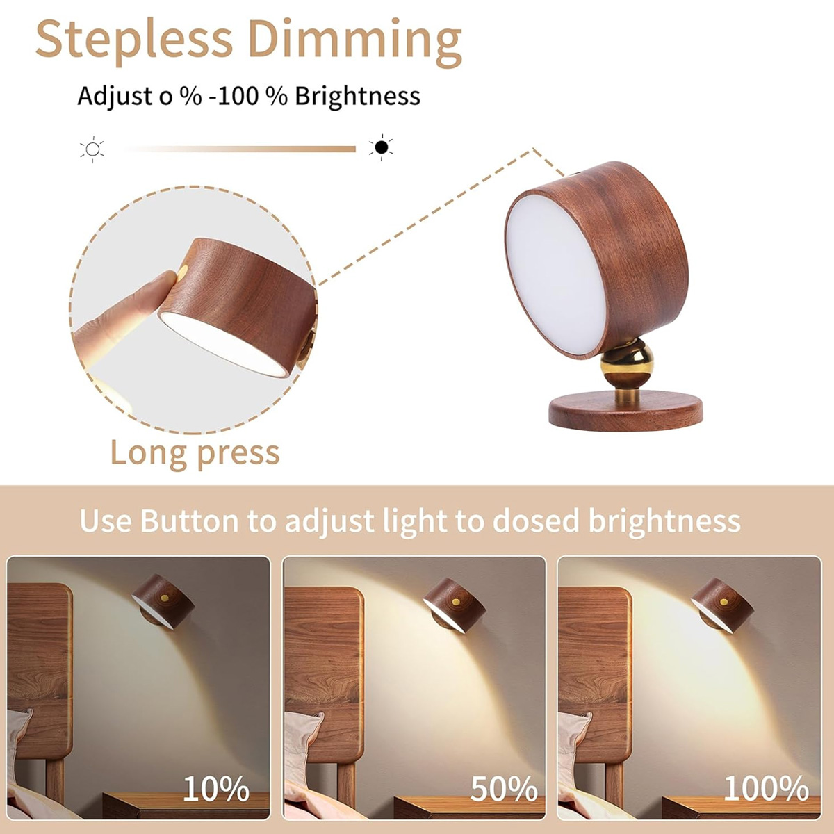 Das Bild zeigt eine dimmbare Holzlampe. Sie hat einen Knopf zur Helligkeitsanpassung von 0% bis 100%. Die Bilder zeigen das Licht bei 10%, 50% und 100%.